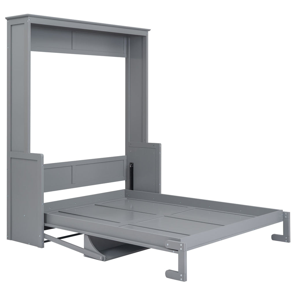 Space-Saving Design Queen Size Murphy Bed with Shelf, Solid Wood and MDF, 86" L x 69.5" W x 87" H, Gray