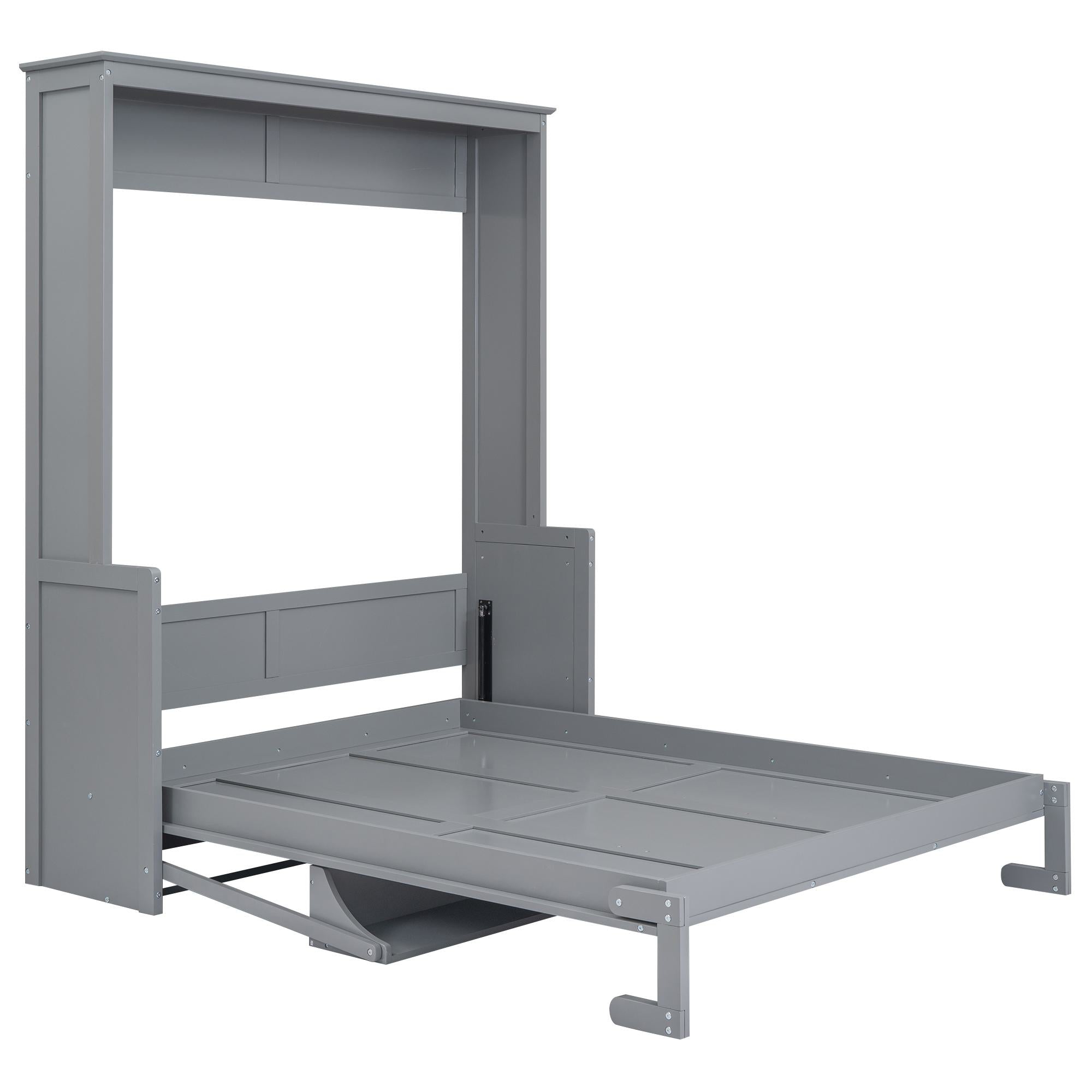 Space-Saving Design Queen Size Murphy Bed with Shelf, Solid Wood and MDF, 86" L x 69.5" W x 87" H, Gray