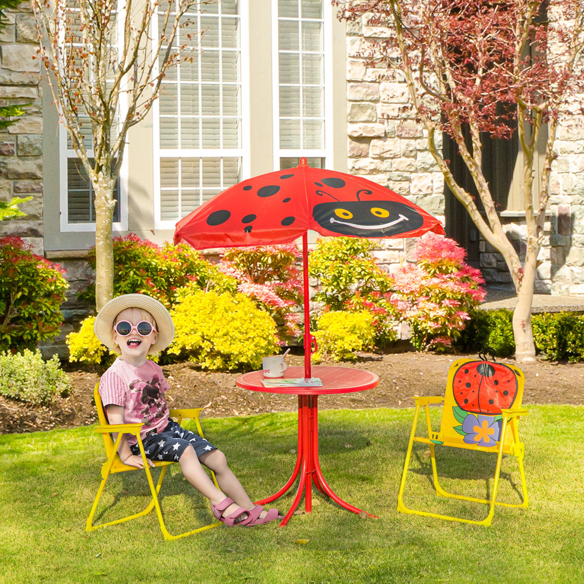 Kids Table and Chair Set, Outdoor Folding Garden Furniture, Picnic Table for Patio Backyard, with Removable & Height Adjustable Sun Umbrella, Red