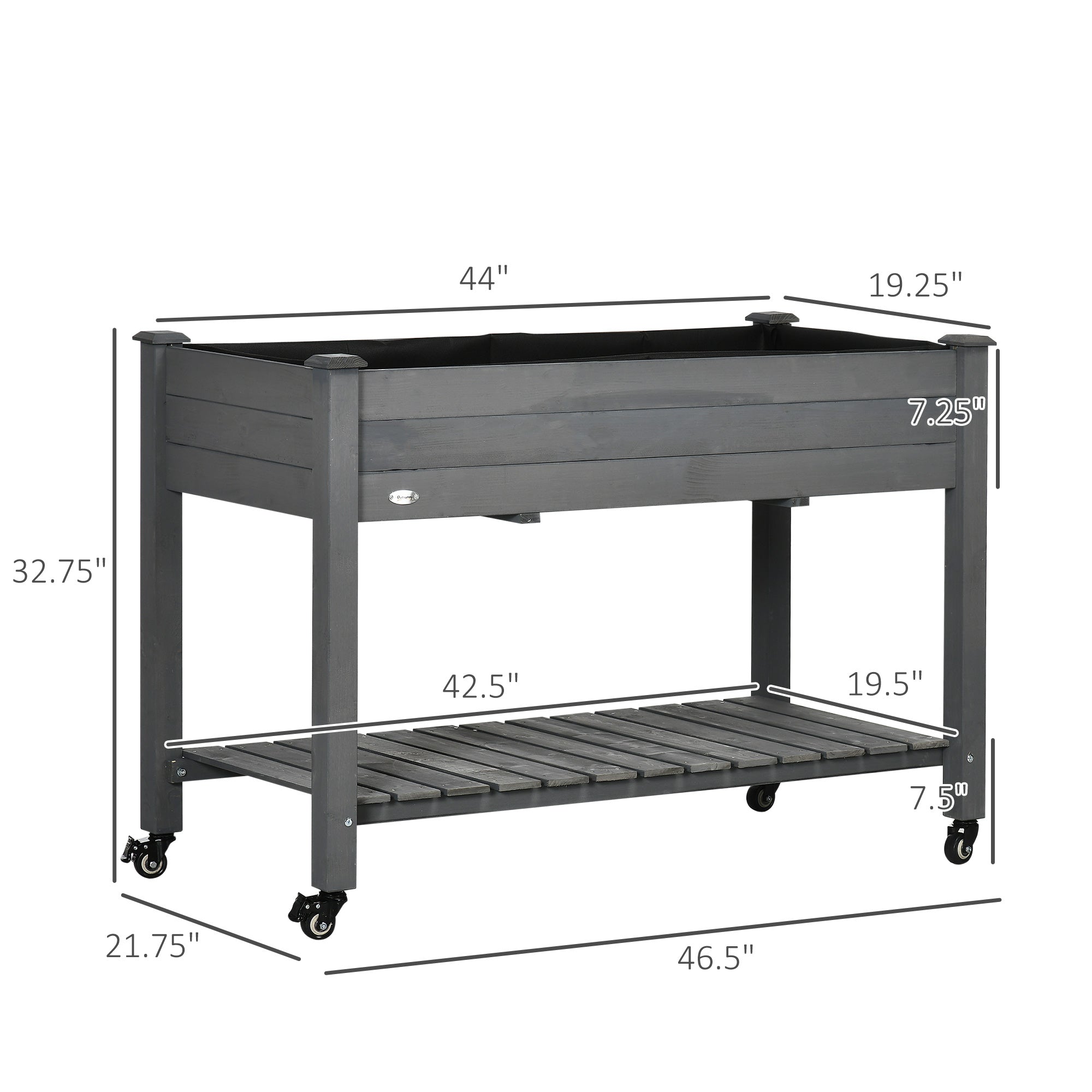 47" x 21" Raised Garden Bed Elevated Wooden Planter Box w/ Lockable Wheels, Storage Shelf for Backyard, Dark Gray