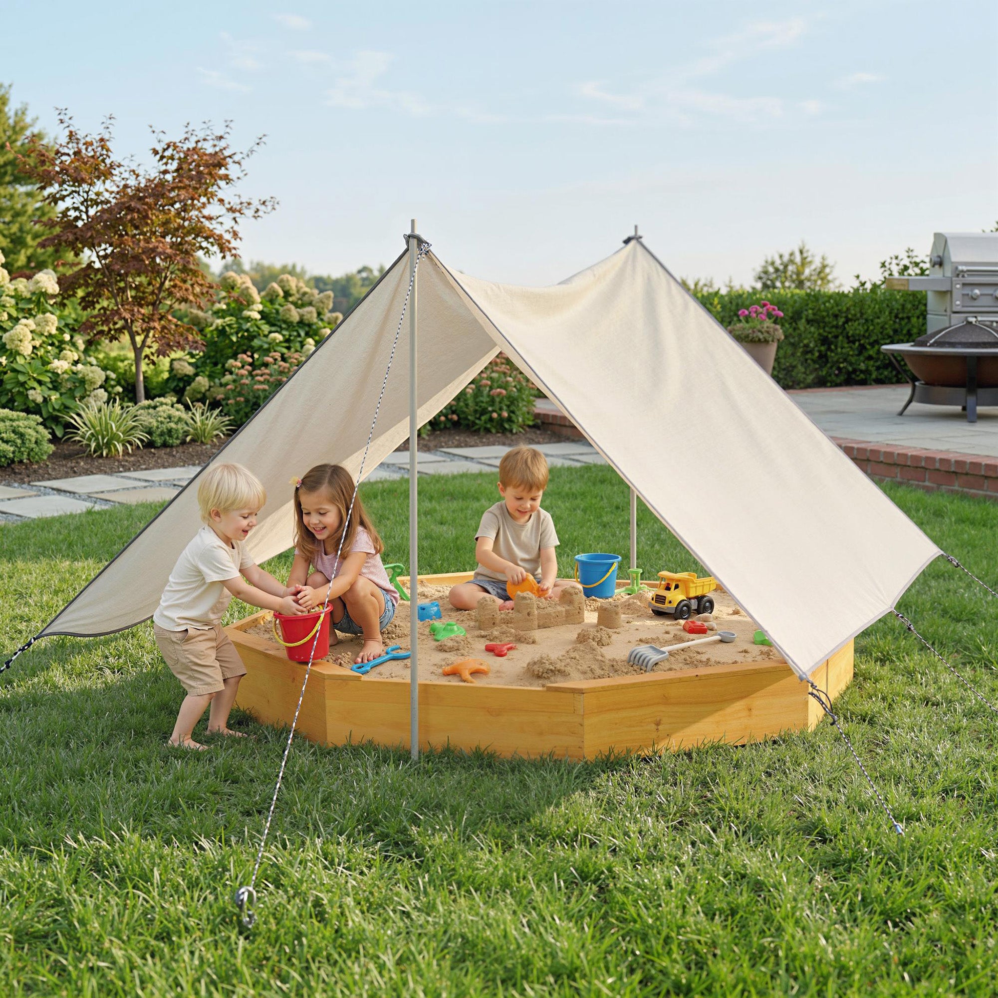 Wooden Sandbox with Large Canopy, Outdoor Sand Box with 4 Bench Seats, Bottom Liner for 8 Kids Aged 3-8, Yellow