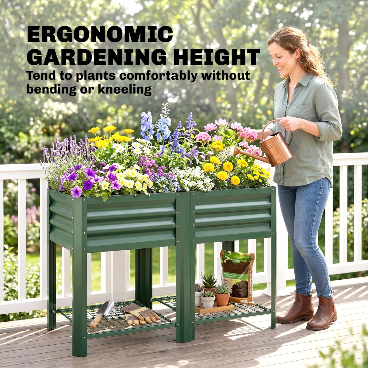 Raised Garden Bed Galvanized Steel, Elevated Planter Box with Storage Shelf, Bed Liner, 31.5" High, Green