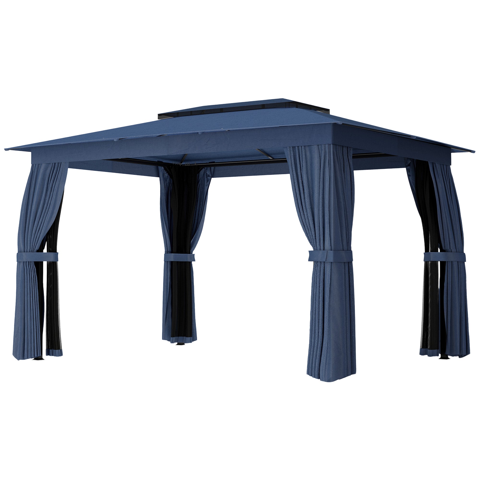 10' x 12' Outdoor Patio Gazebo, Soft Top Gazebo Canopy Shelter with Curtains, Netting, Steel Frame, Hooks, Blue