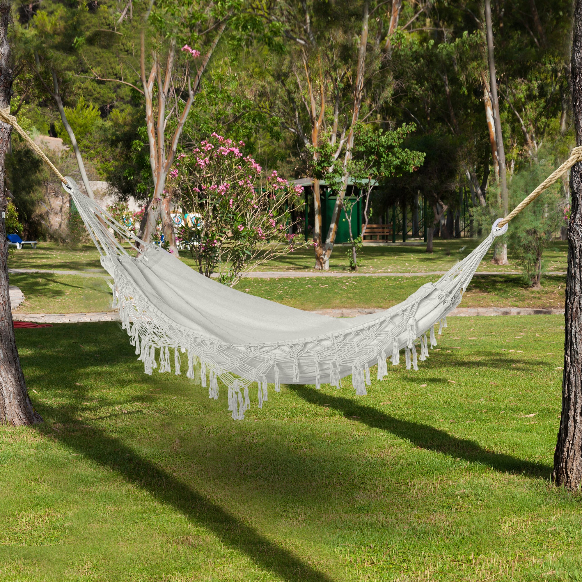 Extra Large Boho Hammock with Macrame Tassel Fringe, Includes Carrying Bag, Indoor Outdoor Tree Hammock, White