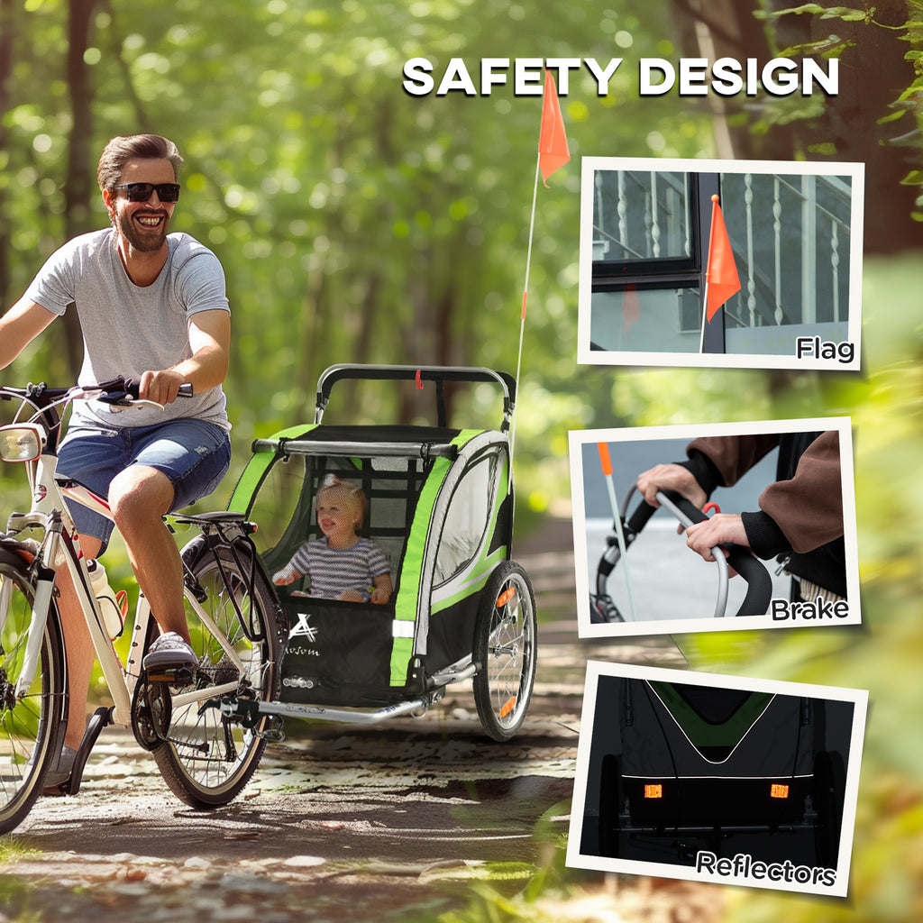 2-in-1 Walk/Ride Child Baby Bike Trailer for Kids 2 Seater, High-Visibility Bike Stroller for Toddler Wagon, Weather-Strong Double Bicycle Trailer Accessory, Green