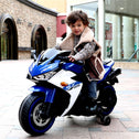 12V Kids Electric Ride-On Motorcycle with Training Wheels and Headlight, Motorbike with MP3 and Light-Up Wheels, 46" L x 20" W x 26" H, Blue