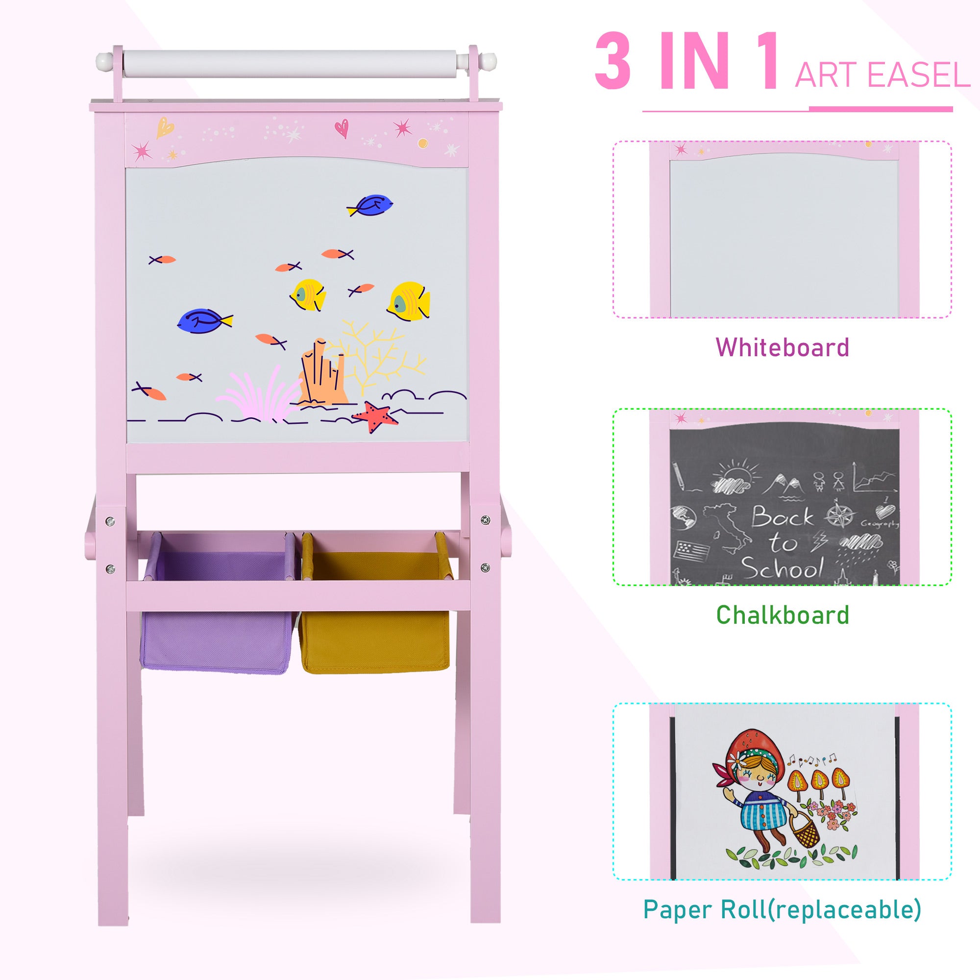 3 In 1 Kids Wooden Art Easel with Paper Roll, Double-Sided, Chalkboard & Whiteboard, Storage Baskets, Pink