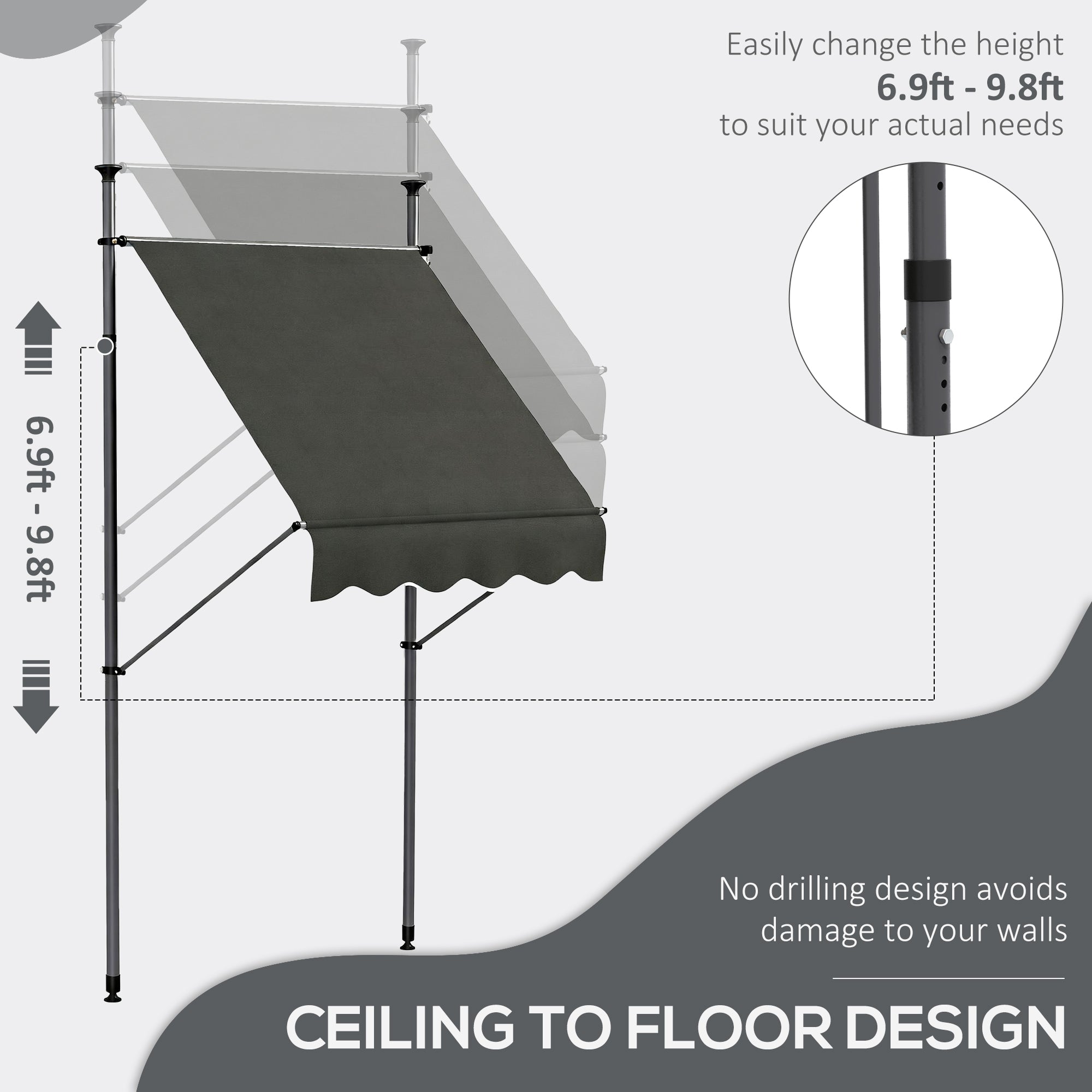 5' x 4' Manual Retractable Awning, Non-Screw Patio Awning, UV Resistant, for Window or Door, Dark Gray