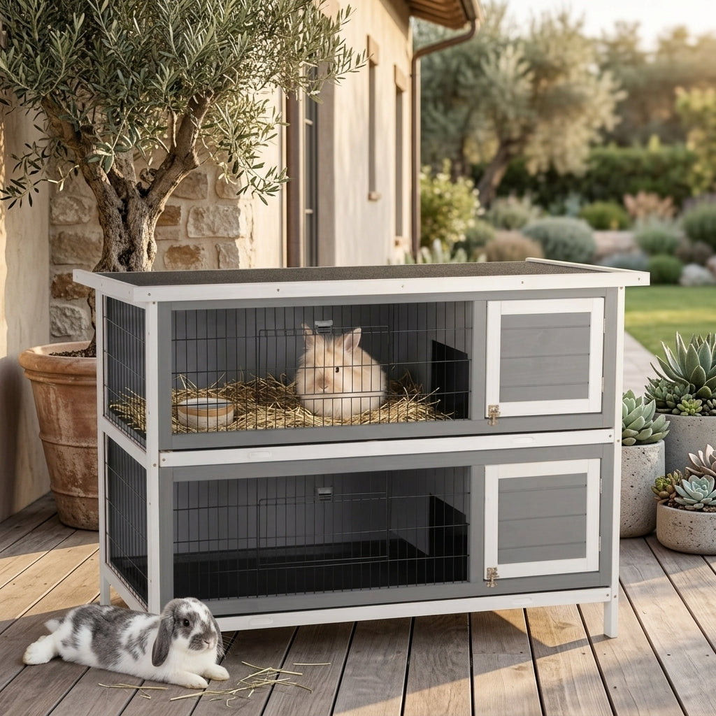 54" 2-Story Large Rabbit Hutch Bunny Cage Wooden Pet House Small Animal Habitat with Lockable Doors, No Leak Tray and waterproof Roof for Rabbits, Chickens, Ducks, Outdoor/Indoor Dark Gray