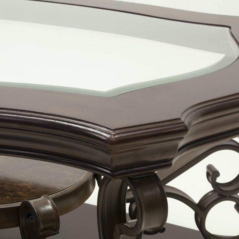Cocktail Table with Tempered Beveled Glass Top, Marble Paper, Powder-Coated Metal Legs, Desk for Living Room, 52" L x 32" W x 20.5" H, Brown