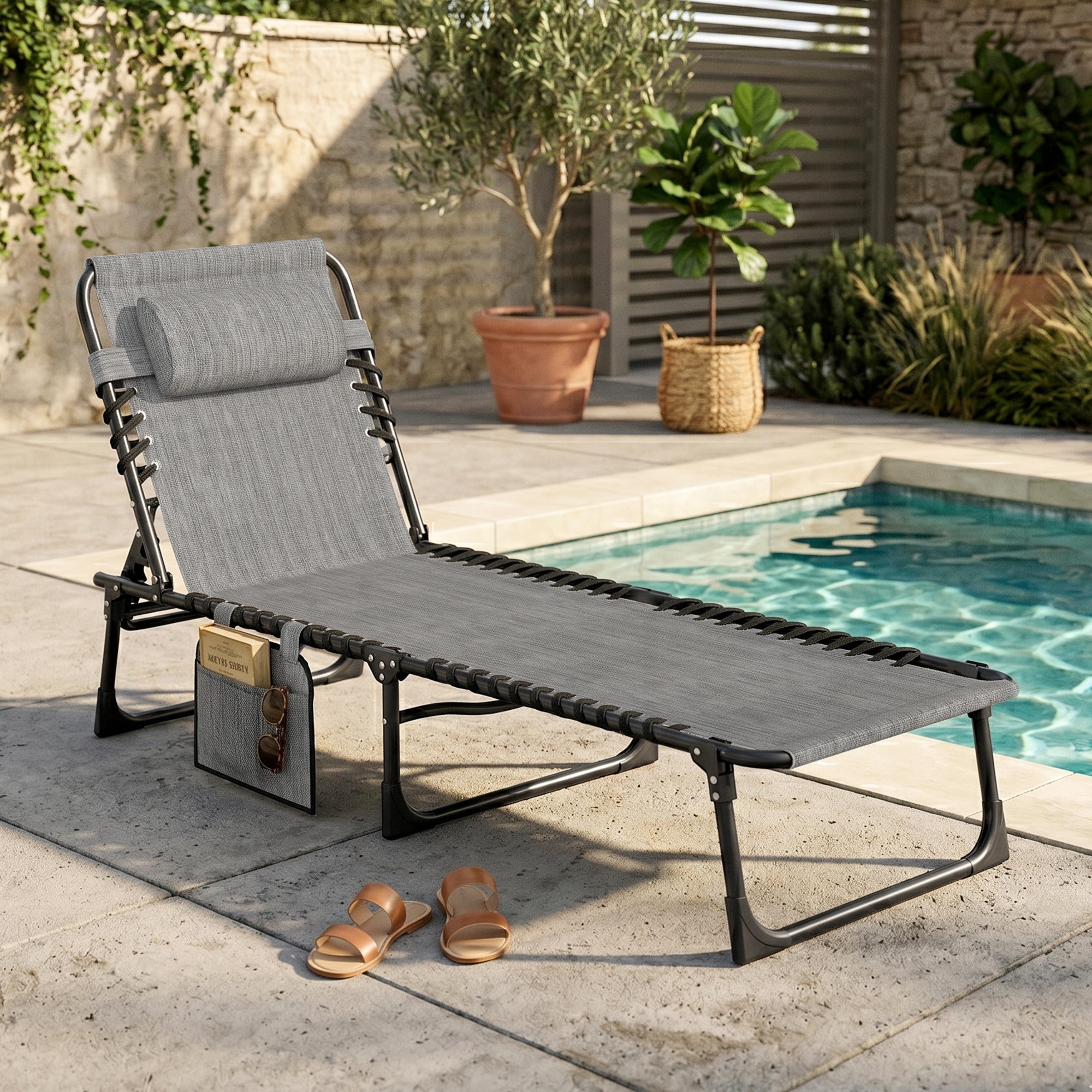 Folding Chaise Lounge Chair Outdoor, Sun Tanning Chair with Side Pocket, Carrying Strap, Portable Patio Beach Lounger with 5-Position Reclining Back, Headrest for Pool, Camping, Yard, Gray