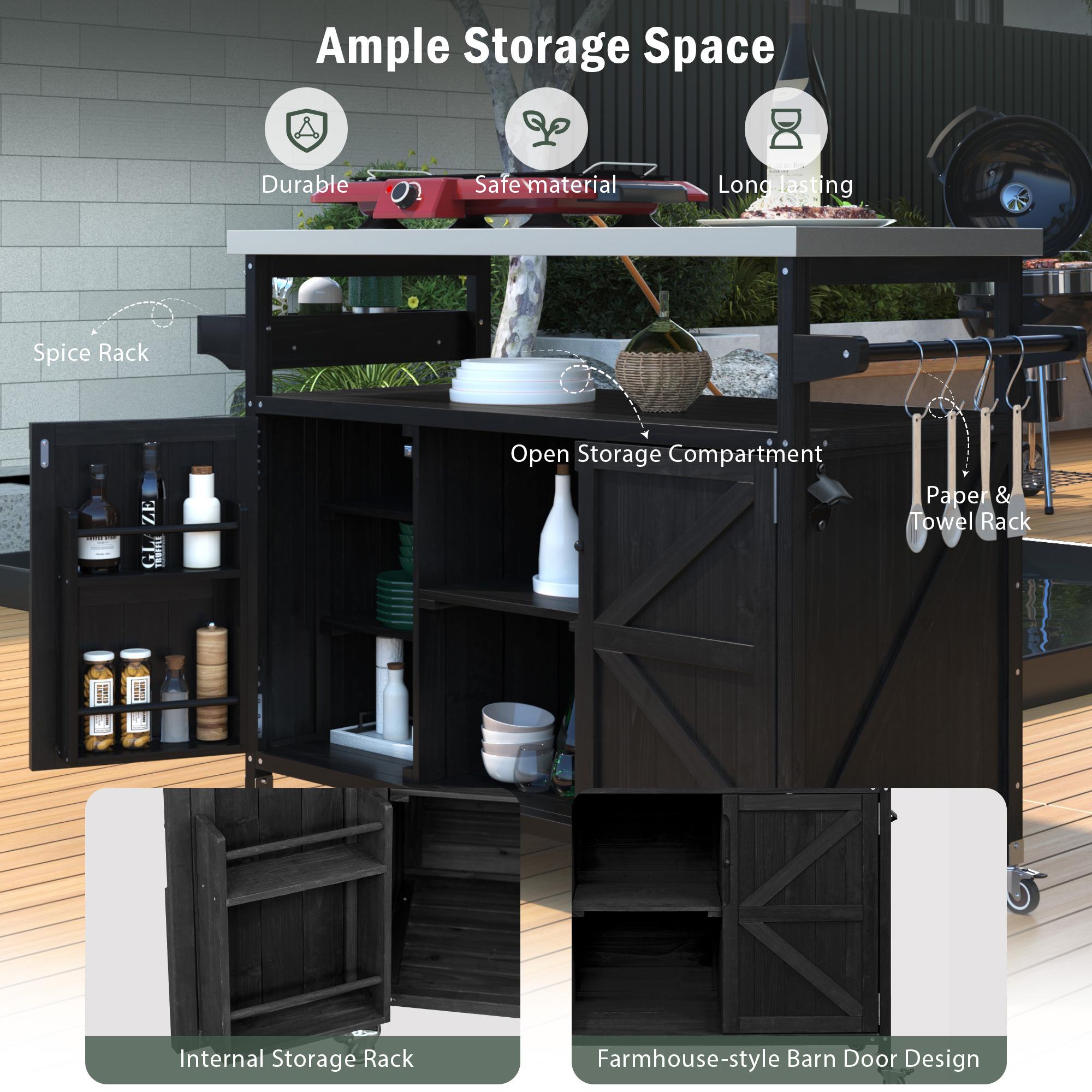 Outdoor Kitchen Island Cart, Rolling Bar Cart with Stainless Steel Top, Spice Rack, Towel Rack, Lockable Wheels, 50" L x 18.5" W x 36.5" H, Black