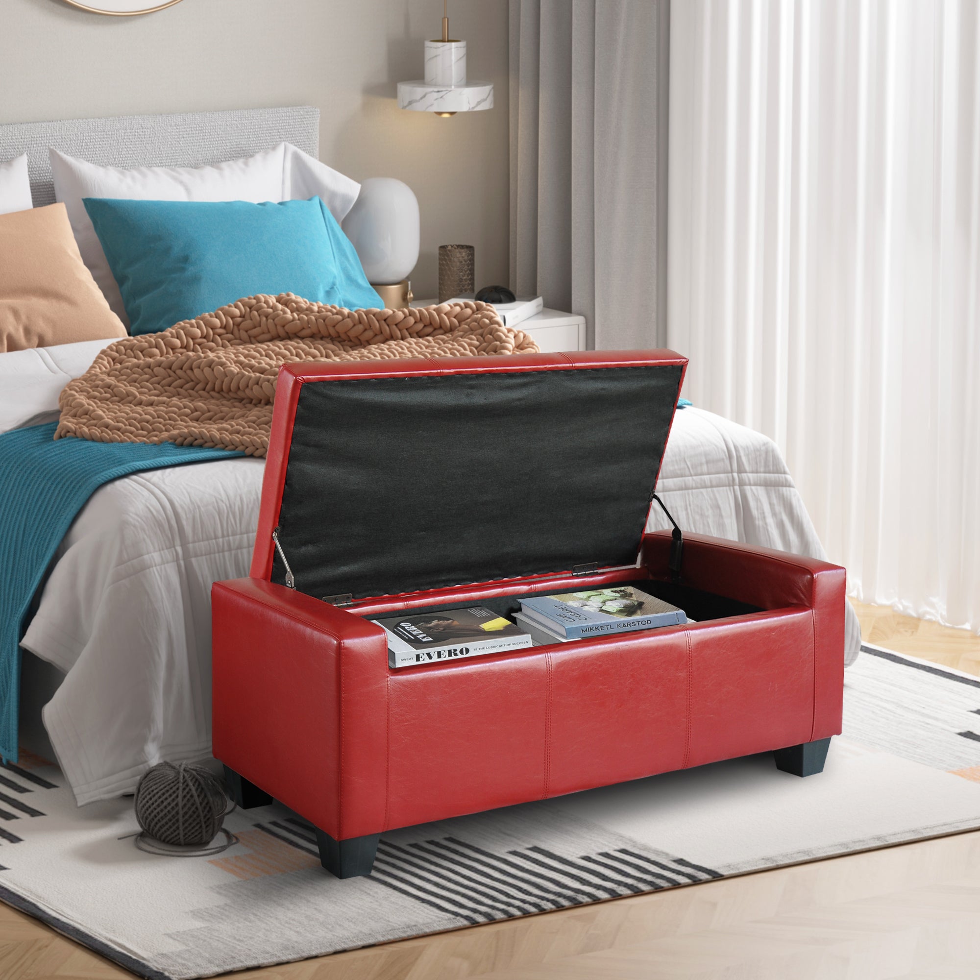 50.5" Faux Leather Rectangular Tufted Storage Ottoman, Bright Red