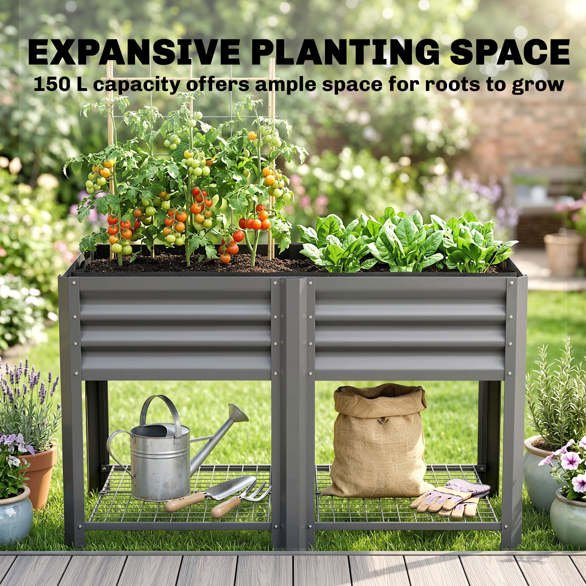 Raised Garden Bed Galvanized Steel, Elevated Planter Box with Storage Shelf, Bed Liner, 31.5" High, Dark Gray
