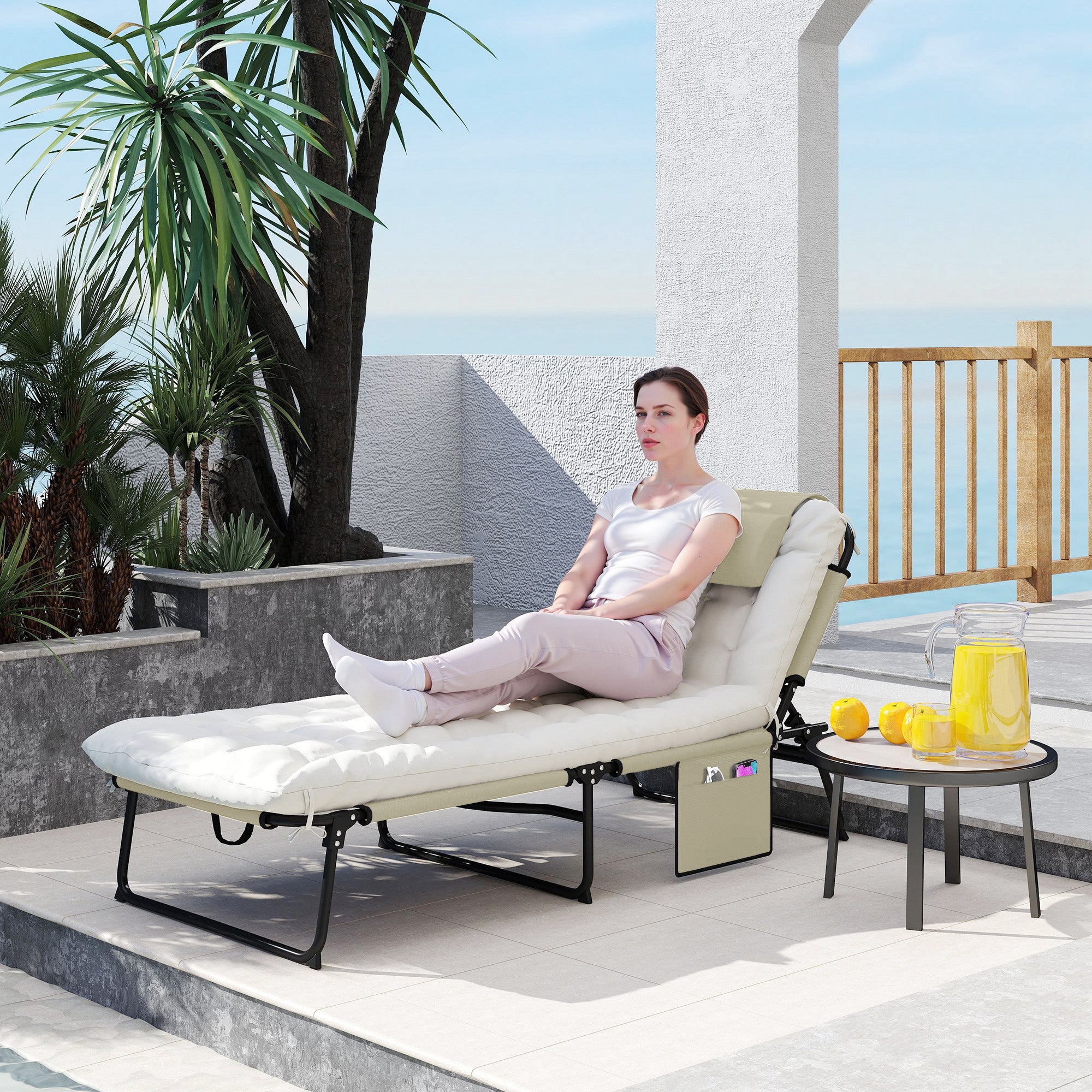 Folding Chaise Lounge Pool Chair with 4-level Reclining Back, Cushion, Side Pocket, Headrest, Beige