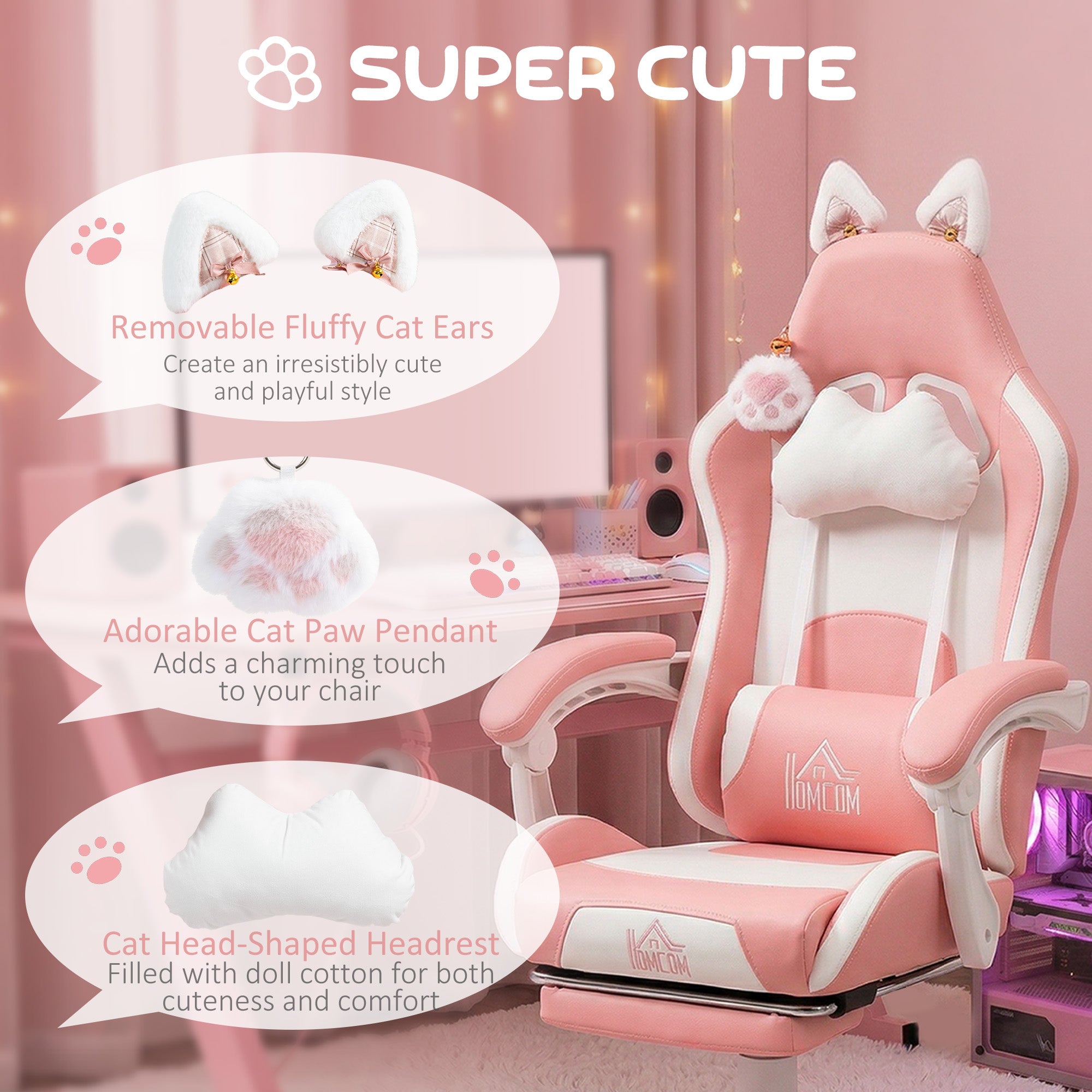 Cute Racing Gamer Chair, Faux Leather Gaming Chair with Footrest, Headrest and Lumbar Support, Pink