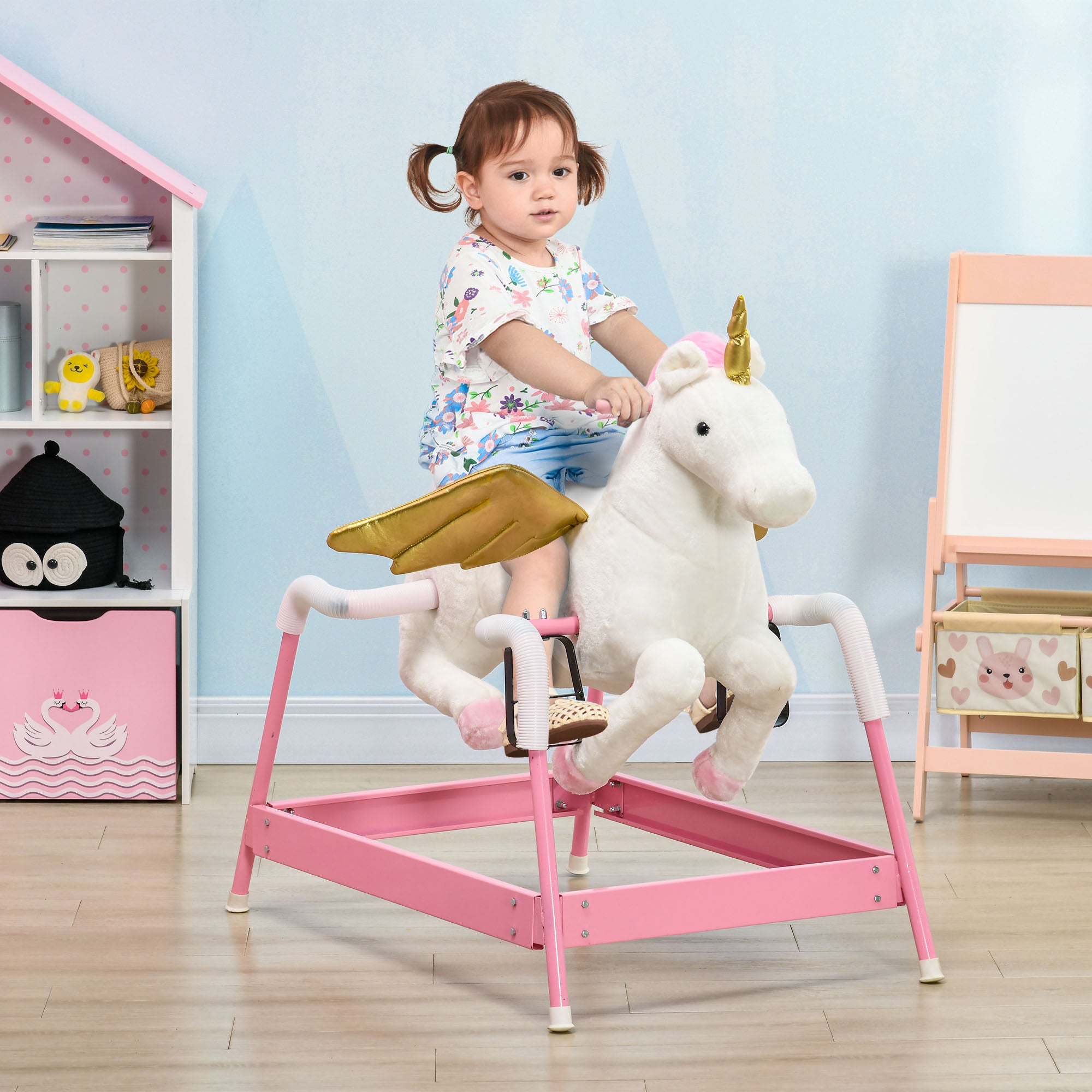Kids Spring Rocking Horse Unicon, Ride on Horse for Girls and Boys with Sounds, Plush Animal Ride-on Toy with Soft Feel, Interactive Toy for Kids, Pink