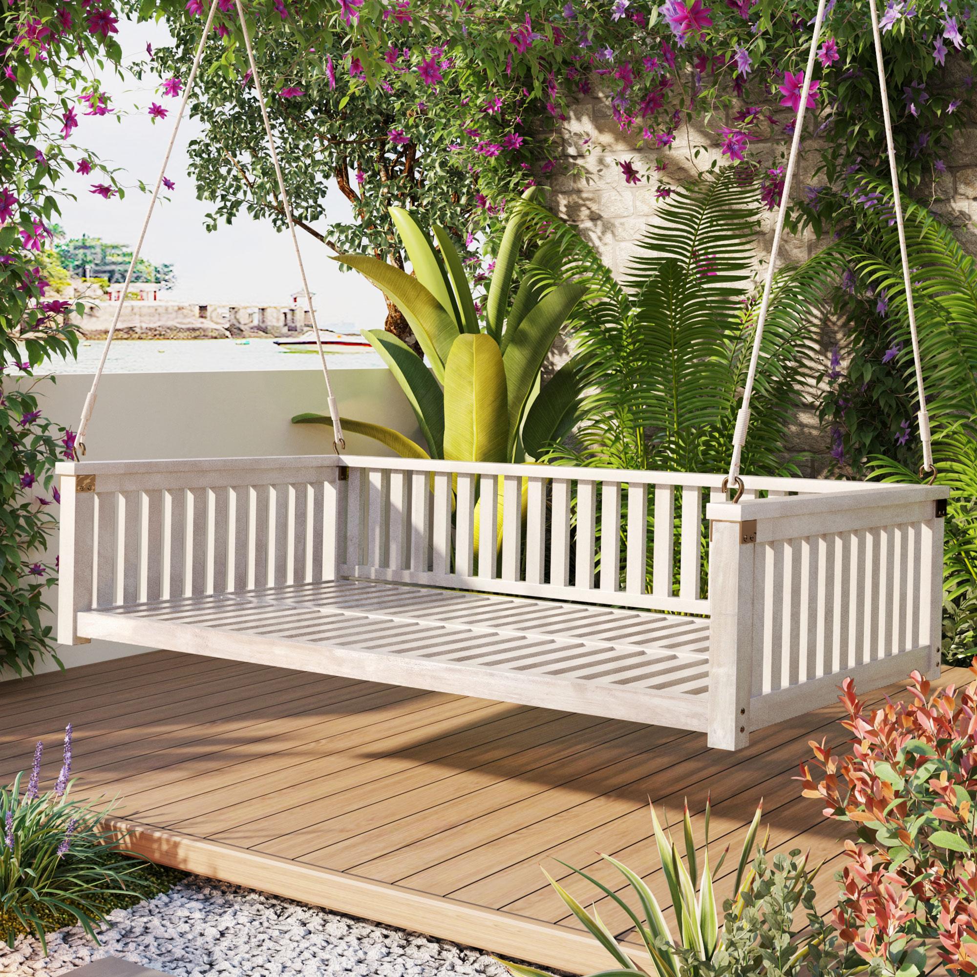Minimalist Swing Bed with Safe Sloped Design for Backyard, Wooden Porch Swing with High Weight Capacity, 79" L x 41.5" W x 21" H, White