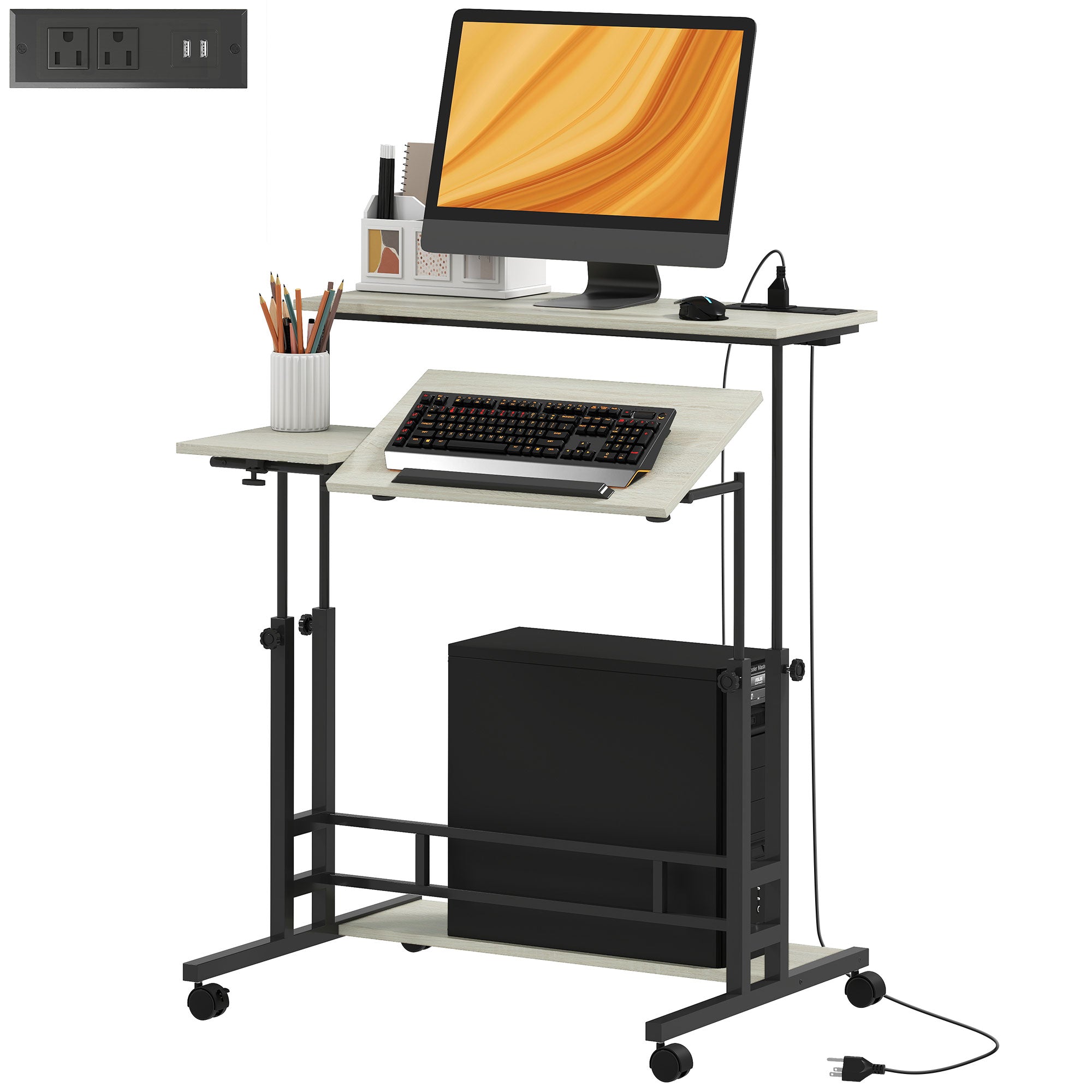 Adjustable Standing Desk with Power Outlets, Stand Up Desk with Tiltable Tabletop, Wheels, Shelf, for Home Office, Oak