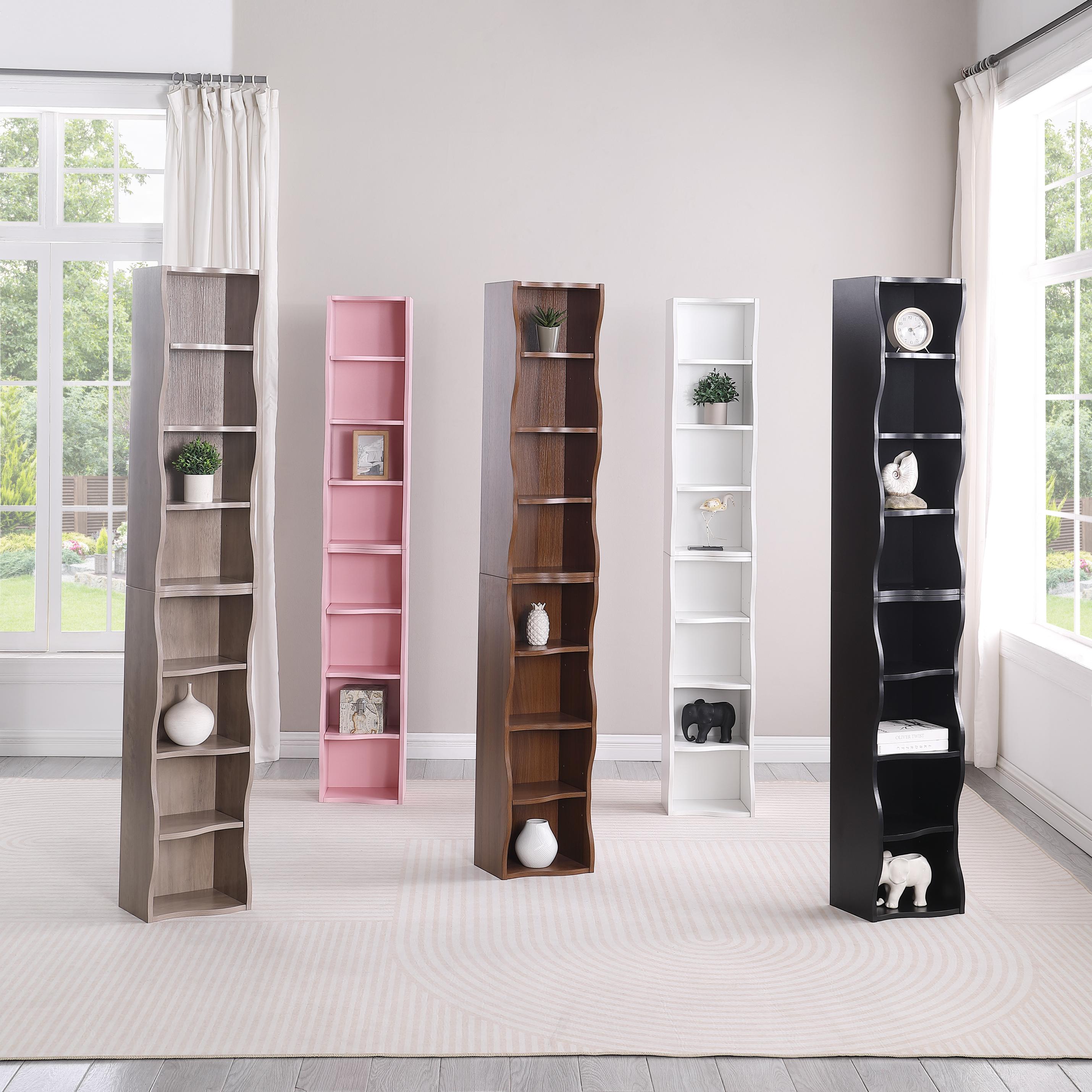 8-Tier Adjustable Slim Bookcase with Wavy Edge Design, Anti-Tip Hardware, Detachable Cabinets for Home Storage, 11.5" L x 9.5" W x 71" H, White