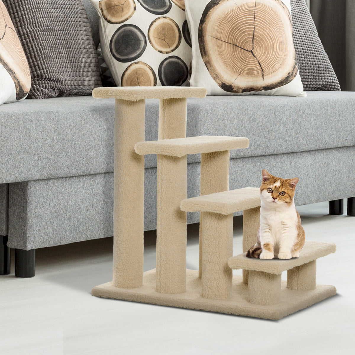 25" 4-Step Multi-Level Carpeted Cat Scratching Post Pet Stairs, Cream White
