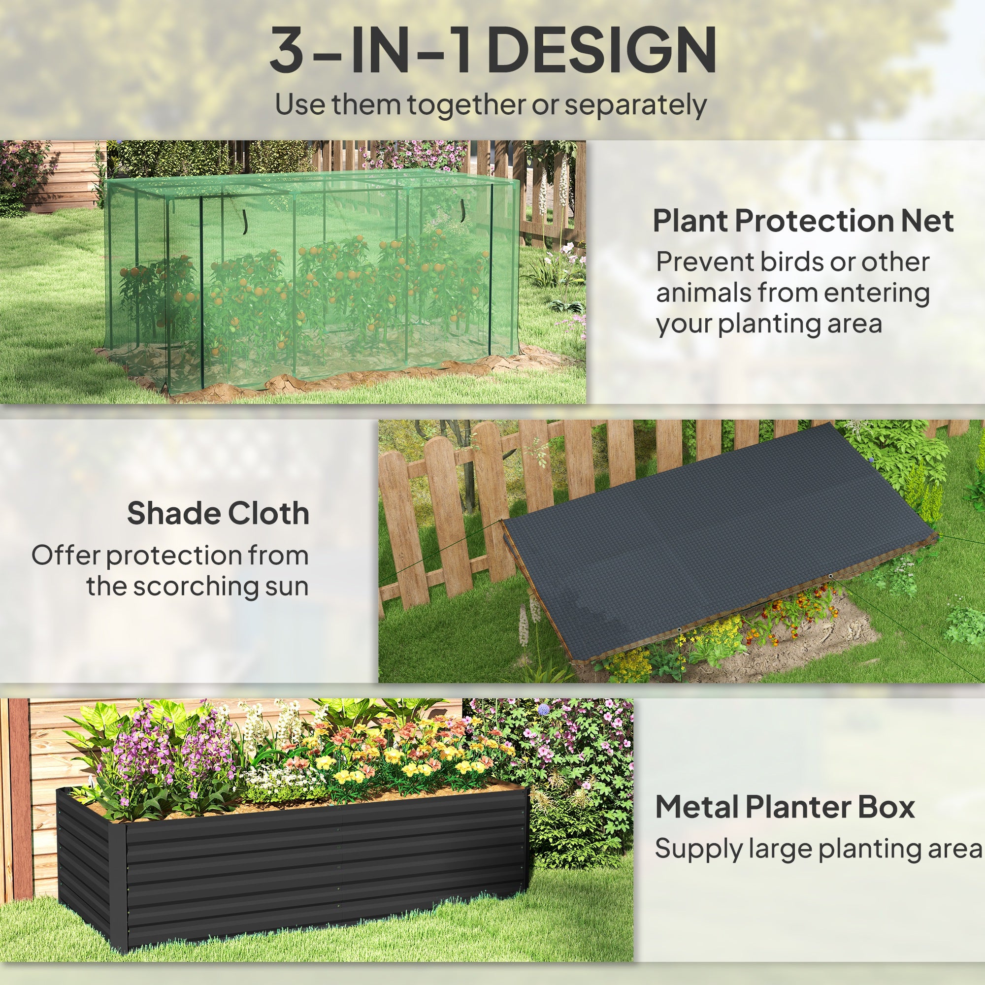 Galvanized Steel Planter Box with Crop Cage and Shade Cloth, Raised Garden Bed for Flowers, Veggies and Herbs, Dark Gray