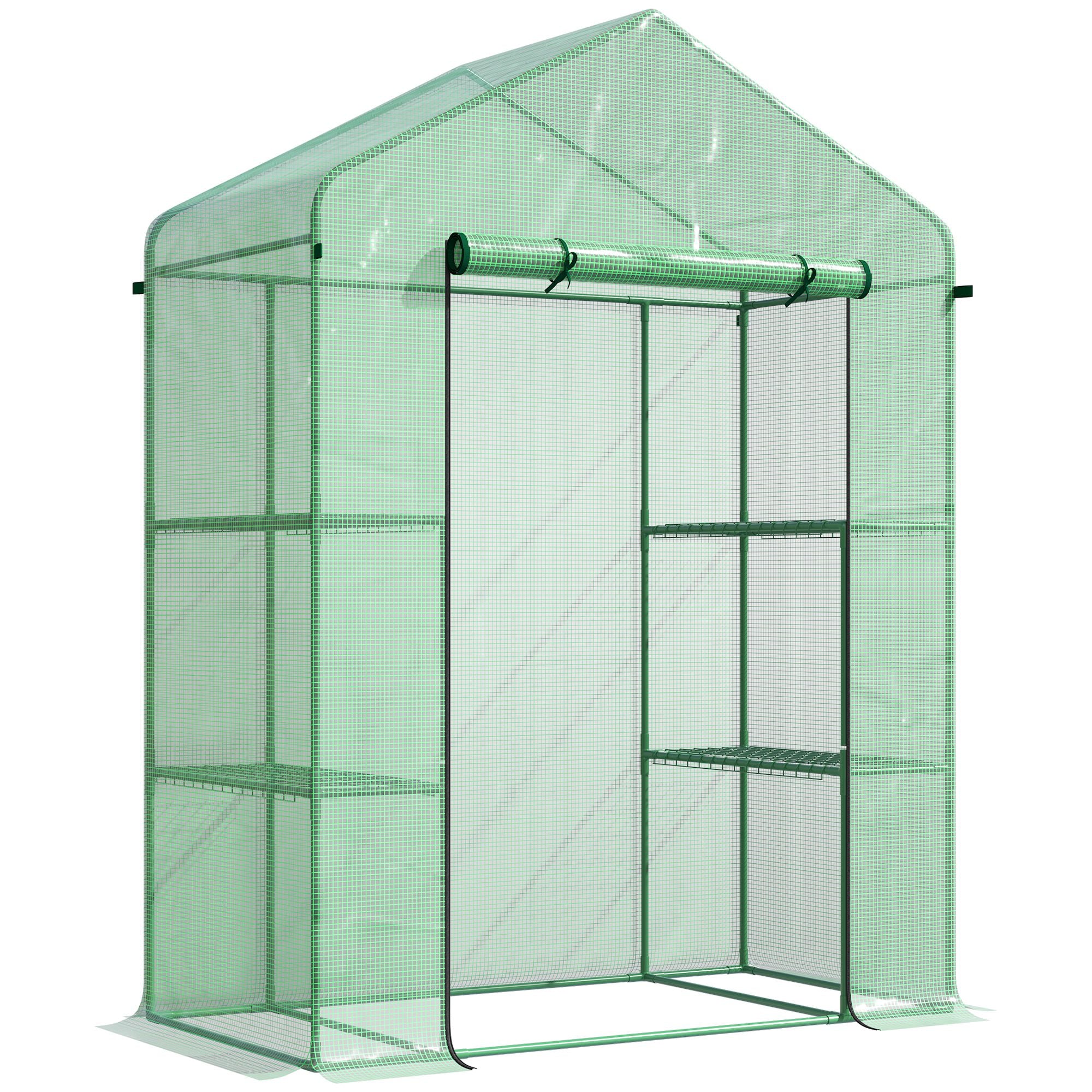 56" x 29" x 77" Walk-in Greenhouse, Garden Hot House with 3 Tier Shleves, Roll-Up Door and PE Cover, Green