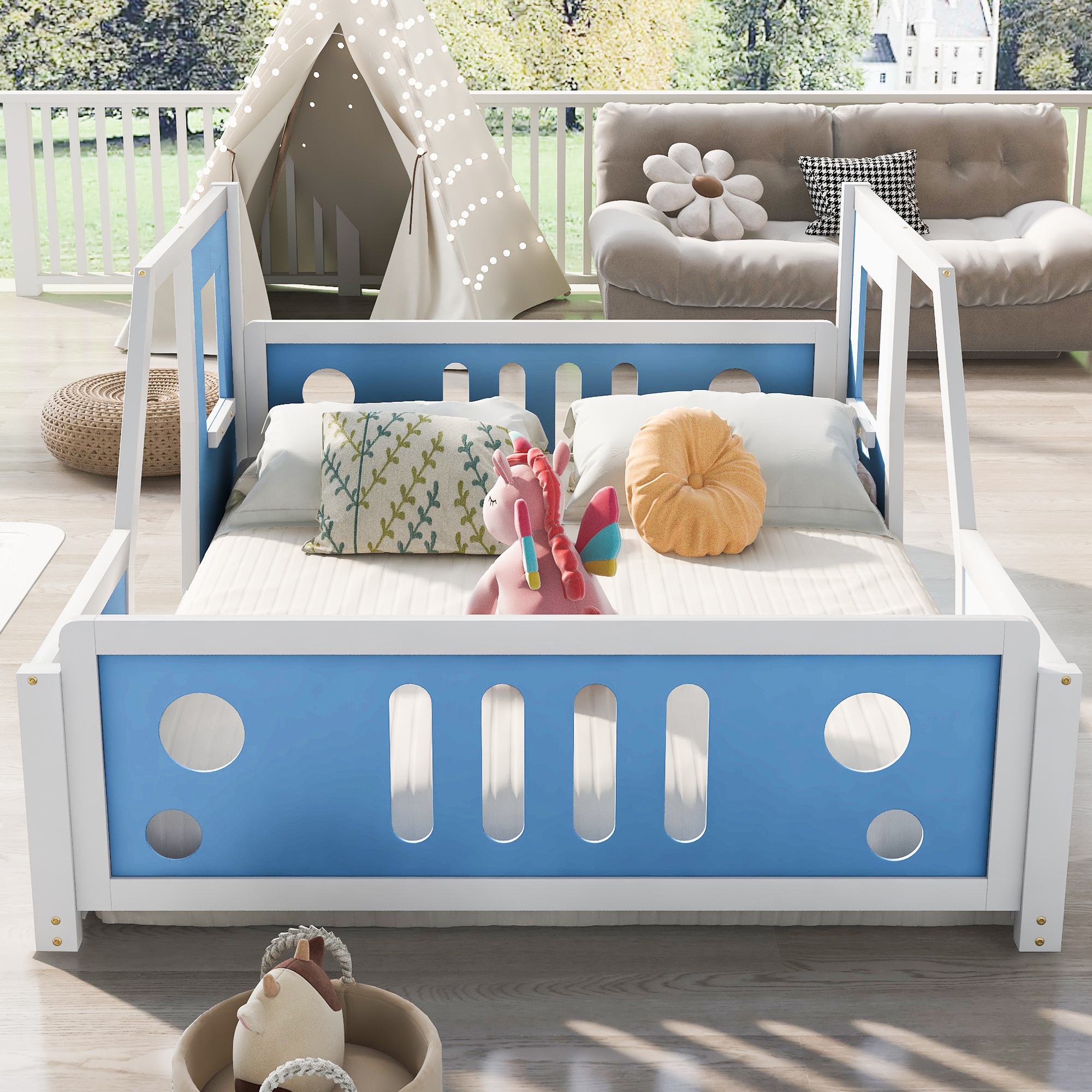 Full Size Classic Car-Shaped Platform Bed with Wheels, Pine Wood Frame, Easy Assembly, 77.5" L x 57" W x 32" H, Blue