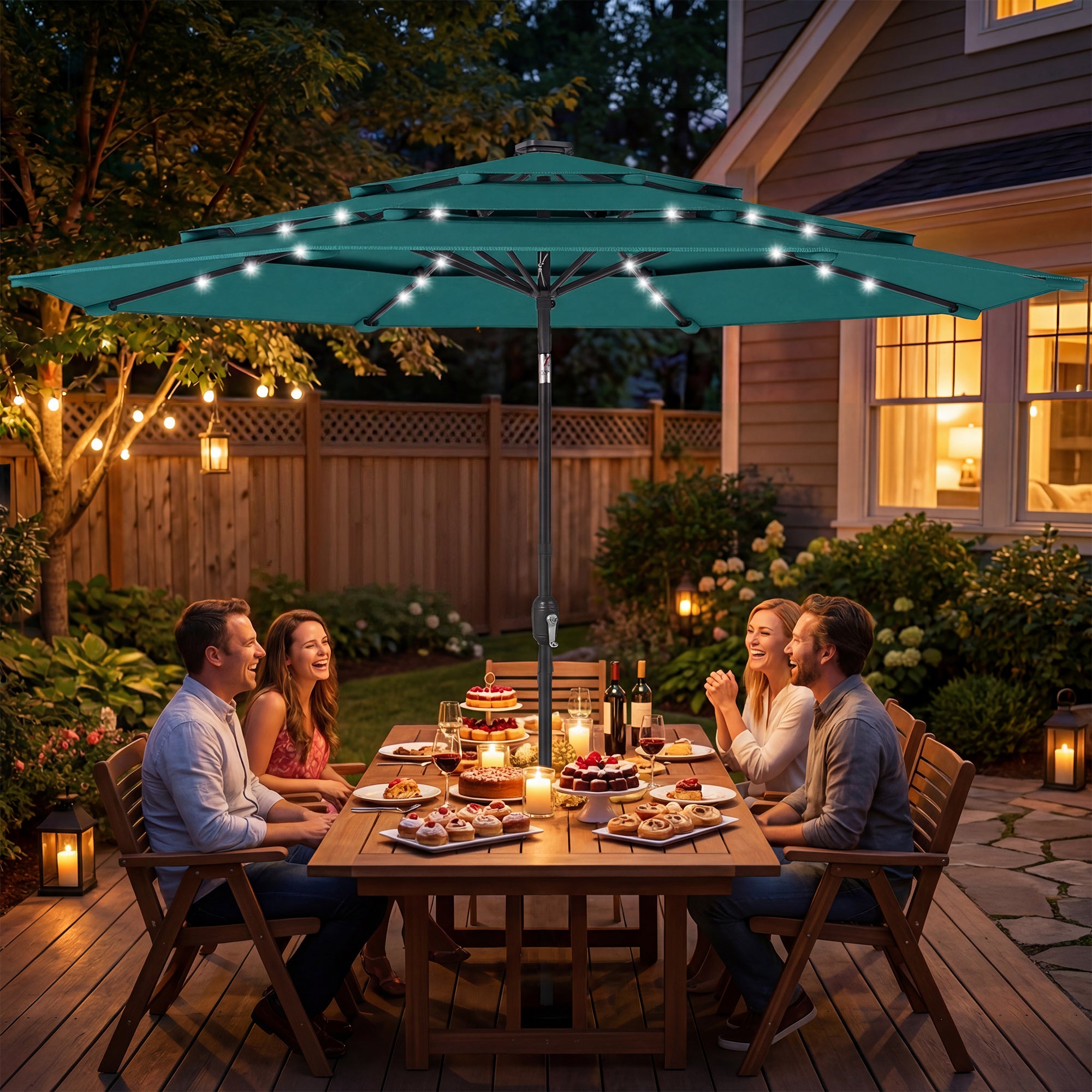 9.7 ft Outdoor Patio Umbrella with Solar LED Lights, 3 Tier Outdoor Table Umbrella with Tilt, Crank, Teal