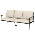 3 Seater Outdoor Patio Sofa, Outdoor Couch with Wood-Effect Armrests, Wicker Backrest, Cushions for Garden Yard, Khaki
