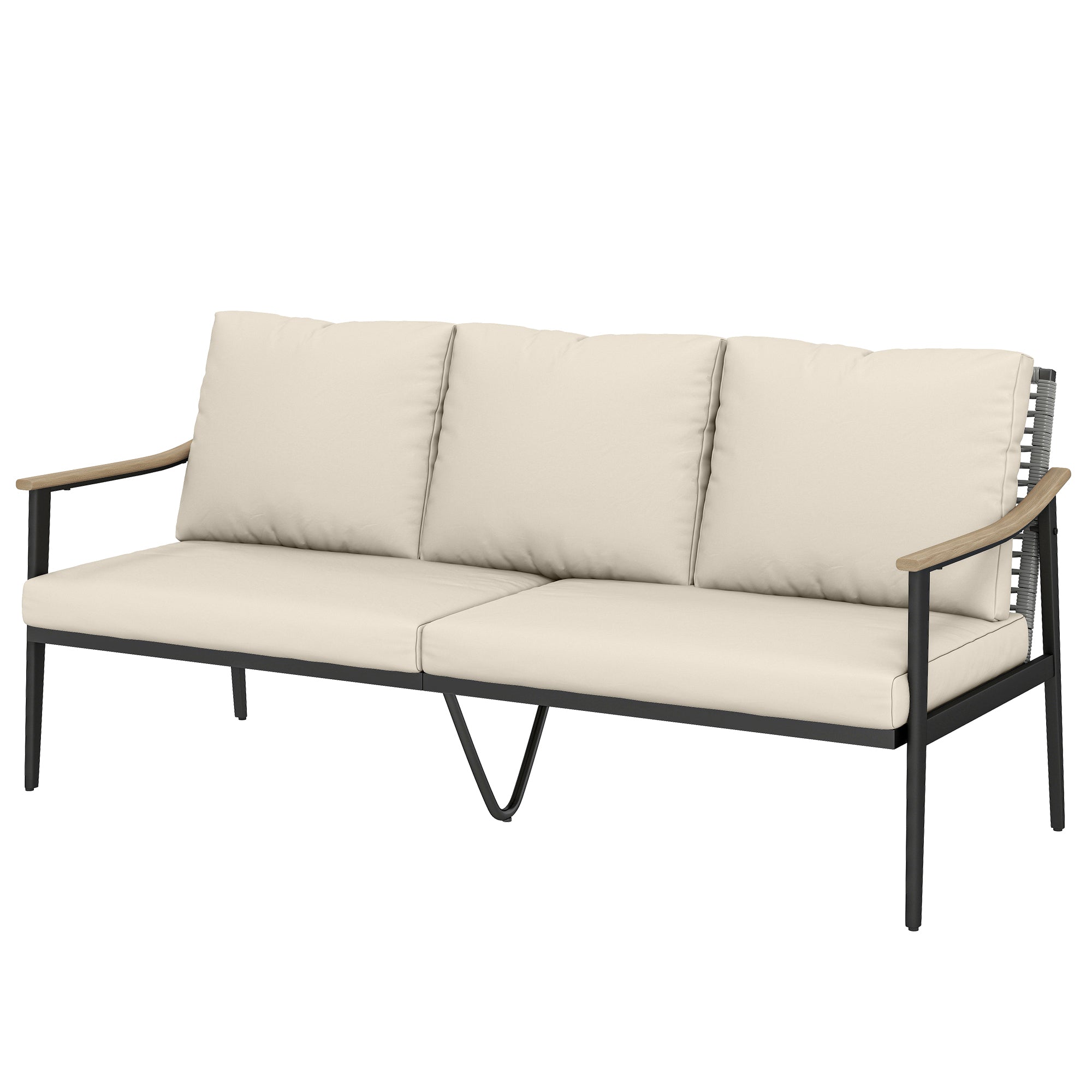 3 Seater Outdoor Patio Sofa, Outdoor Couch with Wood-Effect Armrests, Wicker Backrest, Cushions for Garden Yard, Khaki