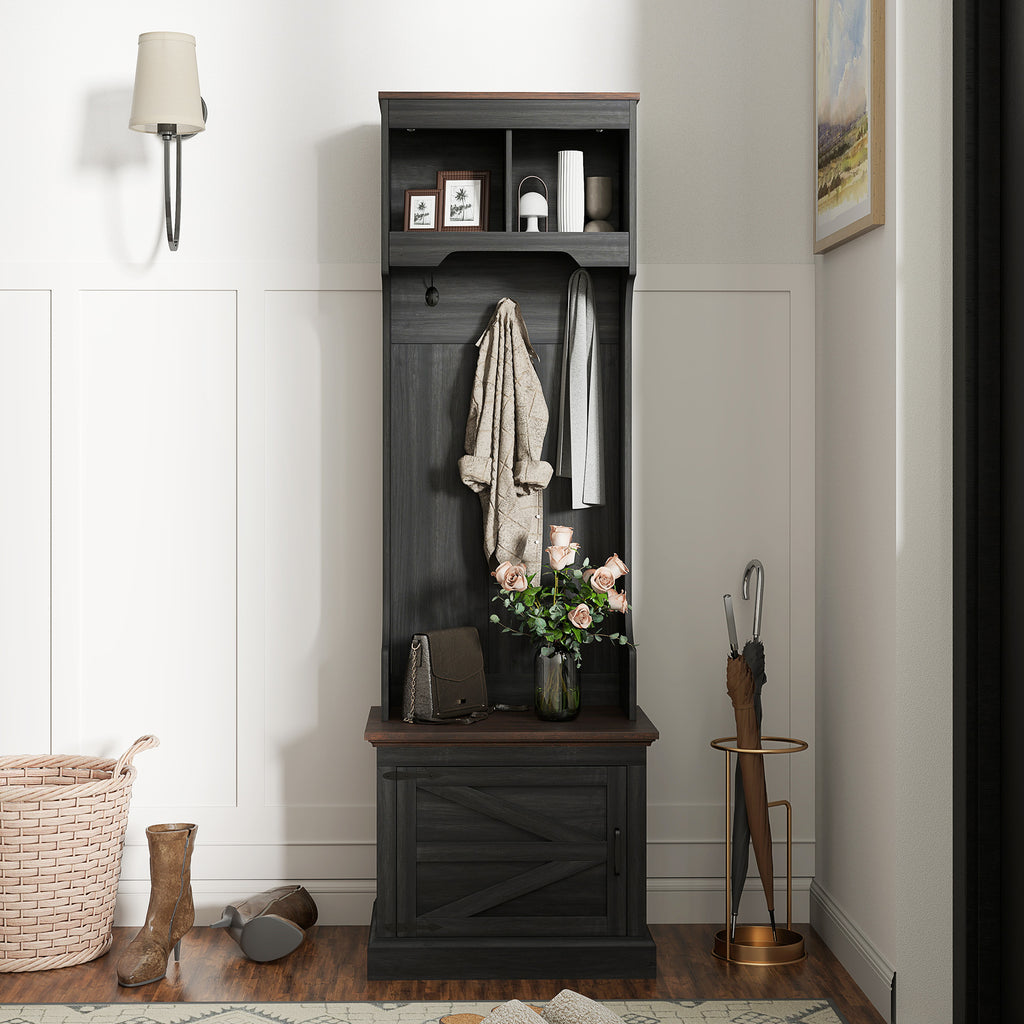 3-in-1 Hall Tree with Shoe Storage, Coat Rack with Bench, Entryway Furniture with Five Hooks, Black Wood Grain