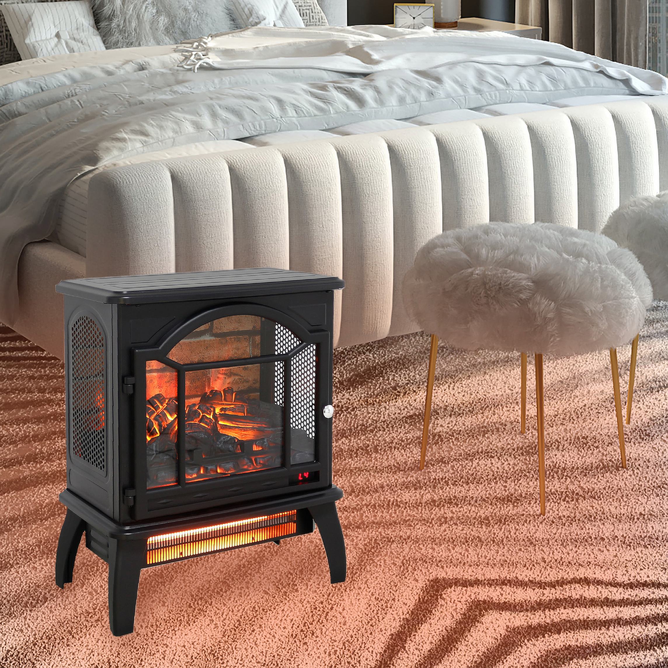 18" 3D Flame Electric Infrared Quartz Fireplace Stove with Remote Control, Overheat Protection, Free-Standing Design, Antique Black