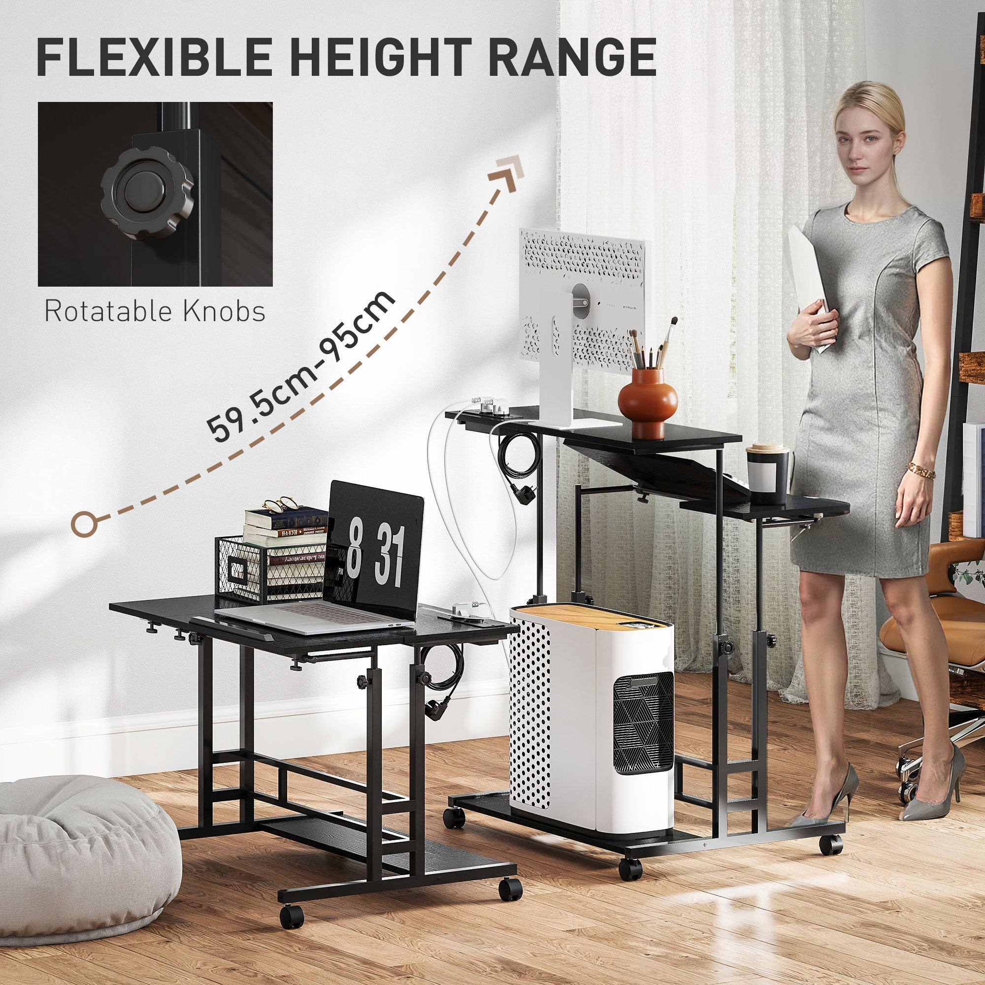 Adjustable Standing Desk with Power Outlets, Stand Up Desk with Tiltable Tabletop, Wheels, Shelf, for Home Office, Black