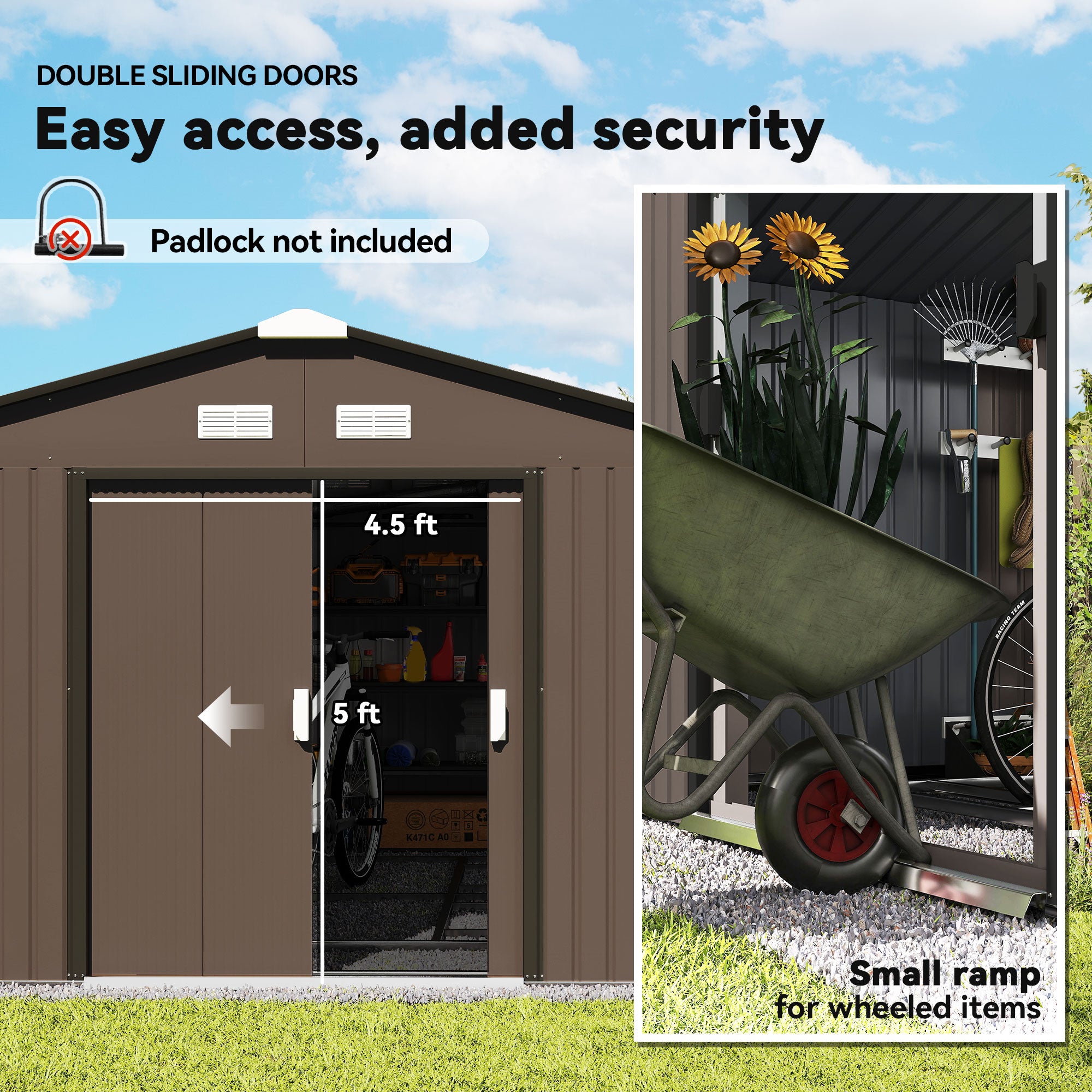 Metal Large Shed with Double Locking Doors Sloped Roof for Garden Tool, Bike Storage, Brown