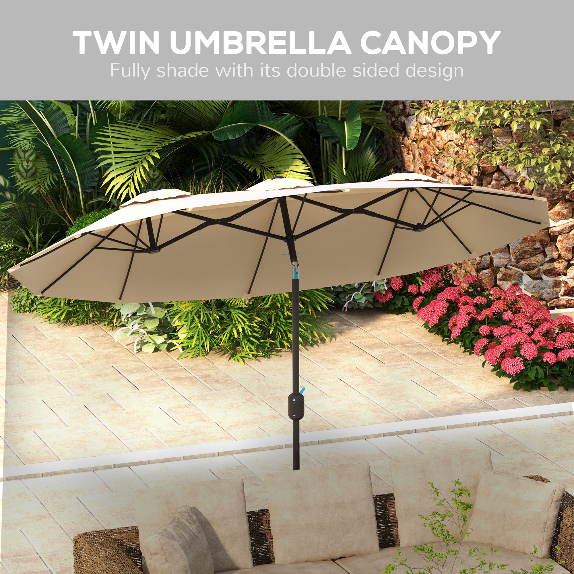 Double Sided Patio Umbrella, 9.7' Large Outdoor Market Umbrella with Push Button Tilt and Crank, 3 Air Vents and 12 Ribs, for Garden, Deck, Pool, Brown