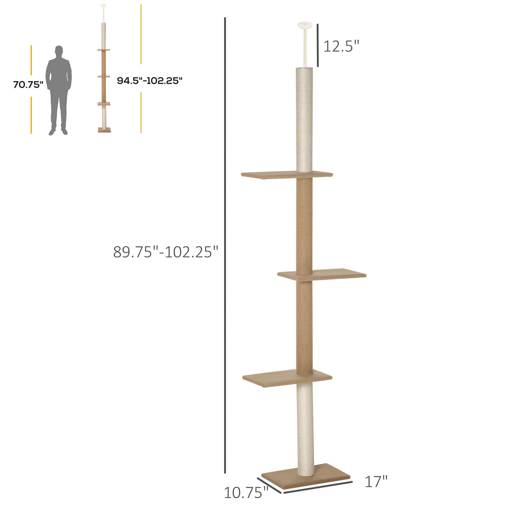 Floor-to-Ceiling Cat Tree Climbing Tower with Sisal-Covered Scratching Posts Natural Cat Tree Activity Center for Kittens Tower Furniture, Light brown