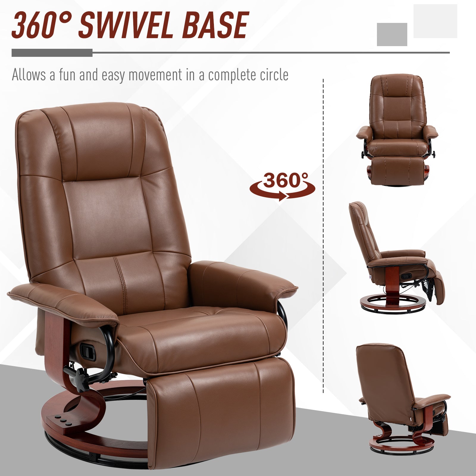 Air Leather Manual Recliner, Adjustable Swivel Lounge Chair with Footrest, Armrest and Wrapped Wood Base, Brown