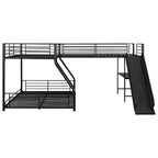 L-Shaped Twin over Full Bunk Bed with Twin Loft, Built-in Desk, Slide, Metal Frame, 117.5" L x 77.5" W x 53" H, Black