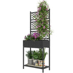 Outdoor Wicker Planter with Trellis for Climbing Plants, Freestanding Rattan Garden Box with Storage Shelf, Black