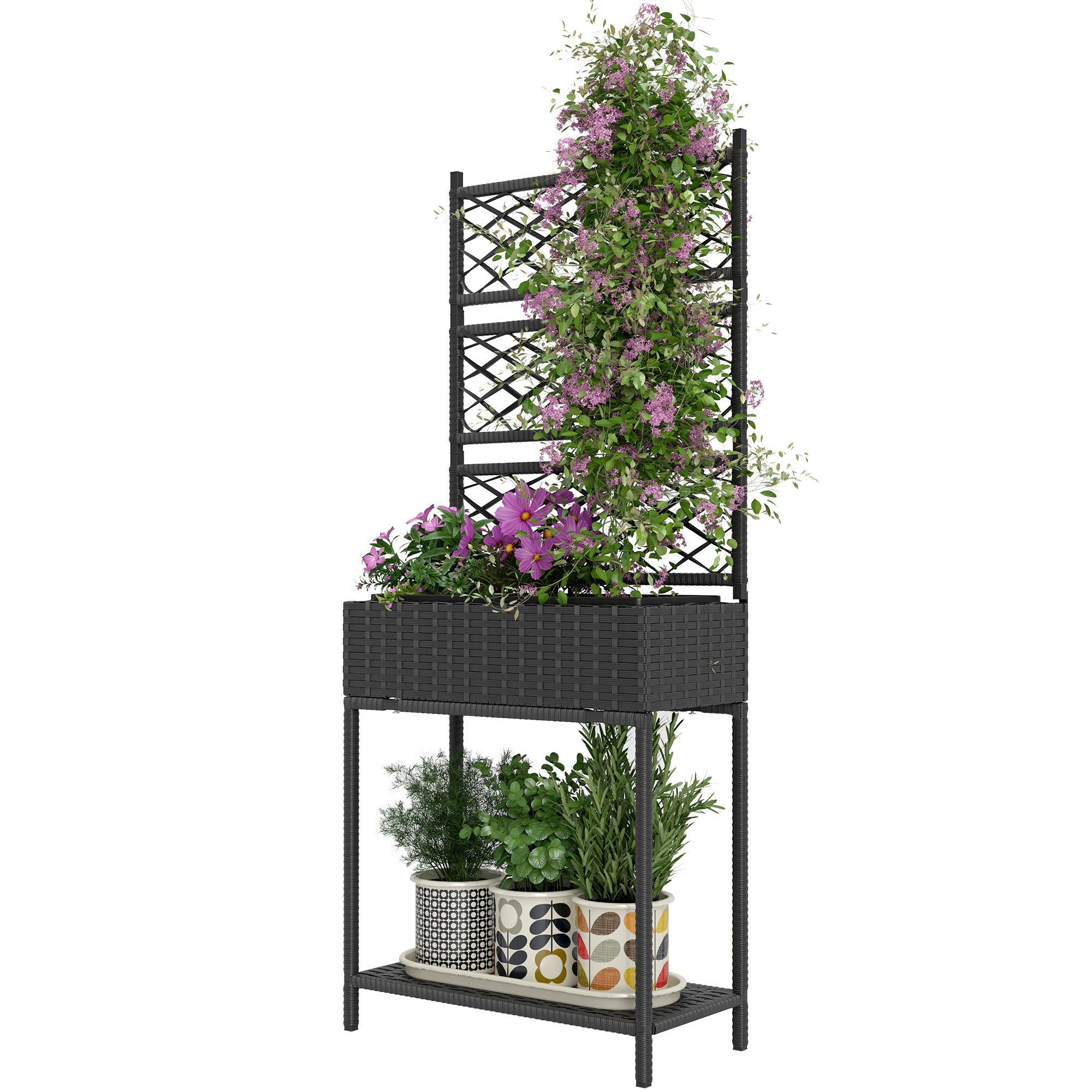 Outdoor Wicker Planter with Trellis for Climbing Plants, Freestanding Rattan Garden Box with Storage Shelf, Black
