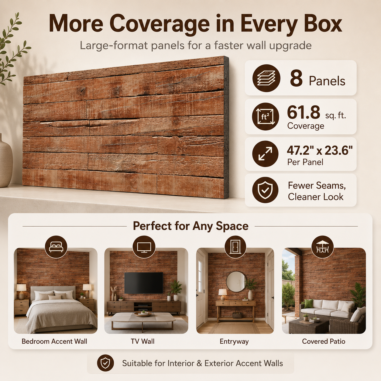 8-Pack 3D Faux Wood Wall Panels, Lightweight Polyurethane Panels for Interior and Exterior Accent Walls, Brown