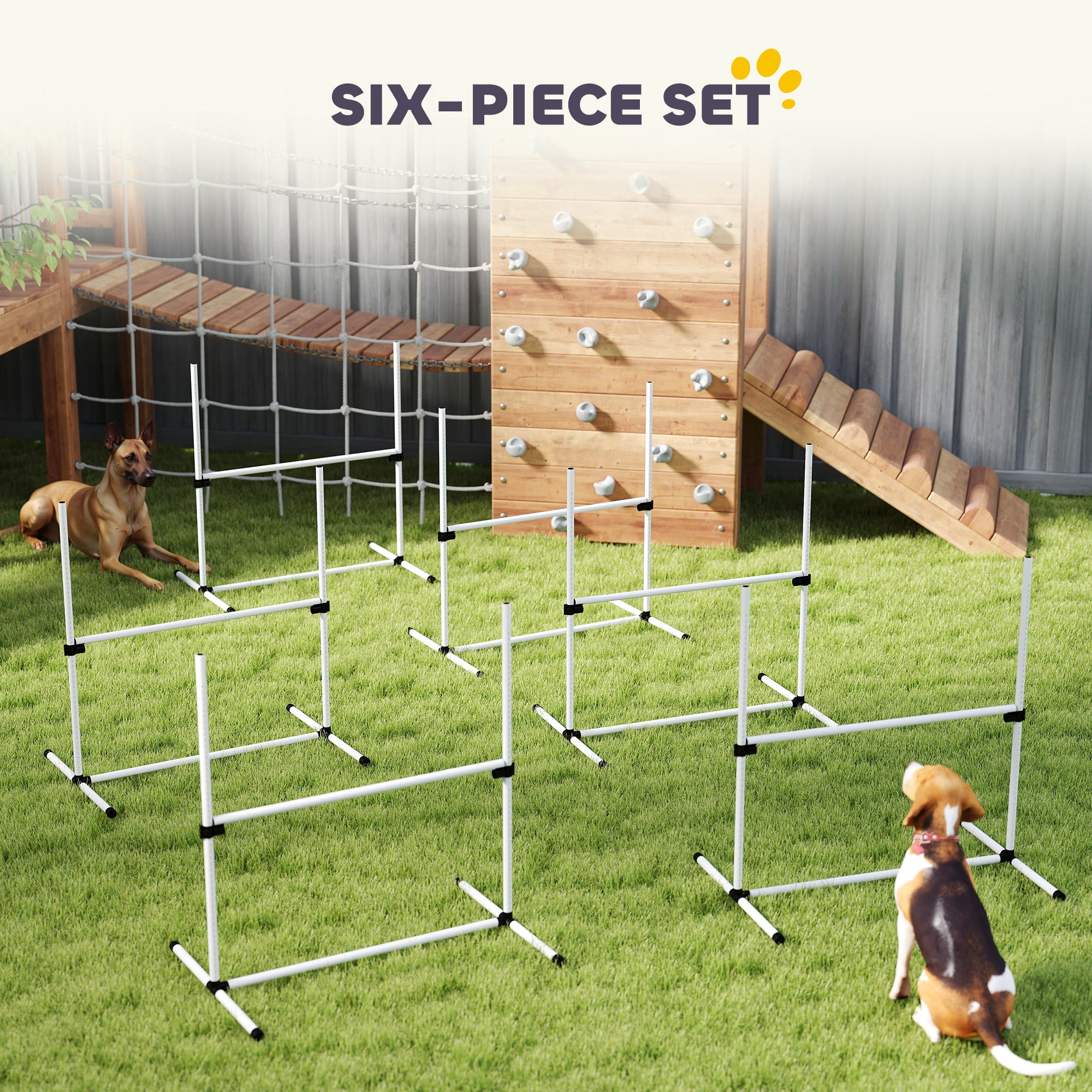 6 Piece Dog Agility Set with Adjustable Height Jump Bars, Carry Bag, Displacing Top Bar, White