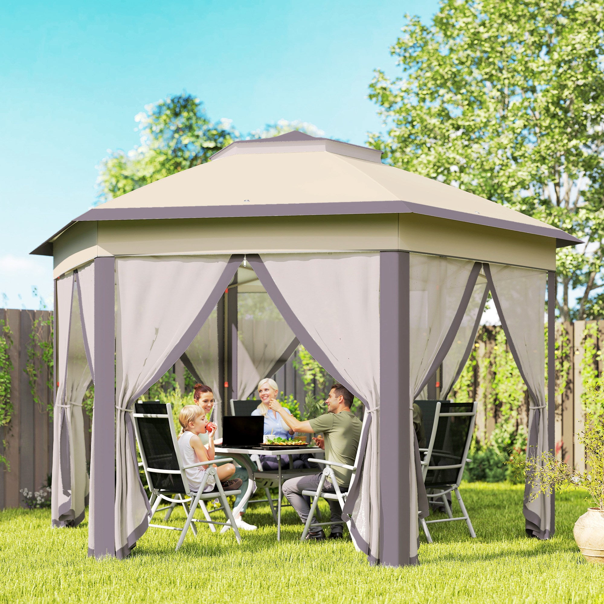 13' x 13' Pop Up Gazebo Hexagonal Canopy Shelter with 6 Zippered Mesh Netting for Patio Backyard Garden Wedding Party