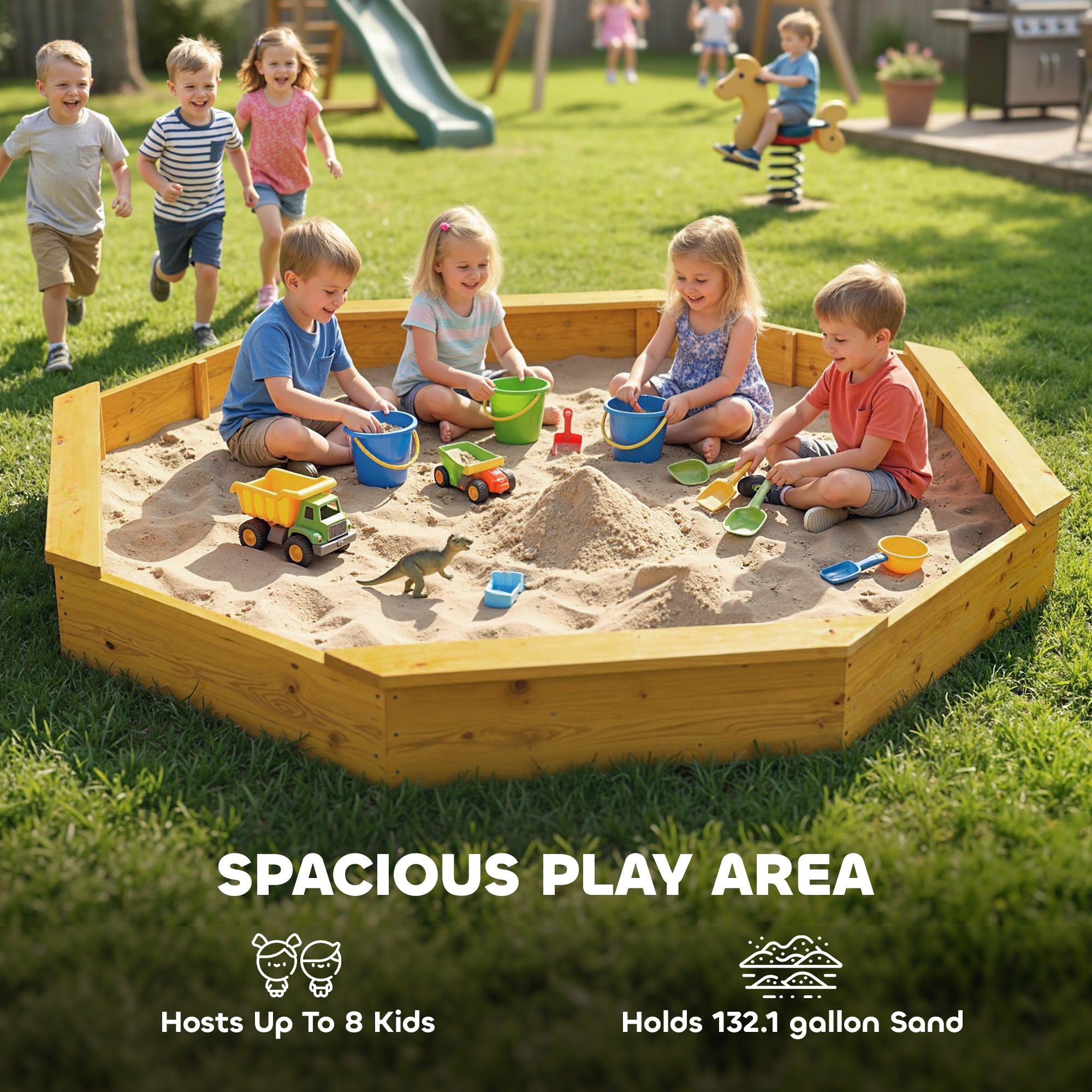 Wooden Sandbox with Large Canopy, Outdoor Sand Box with 4 Bench Seats, Bottom Liner for 8 Kids Aged 3-8, Yellow