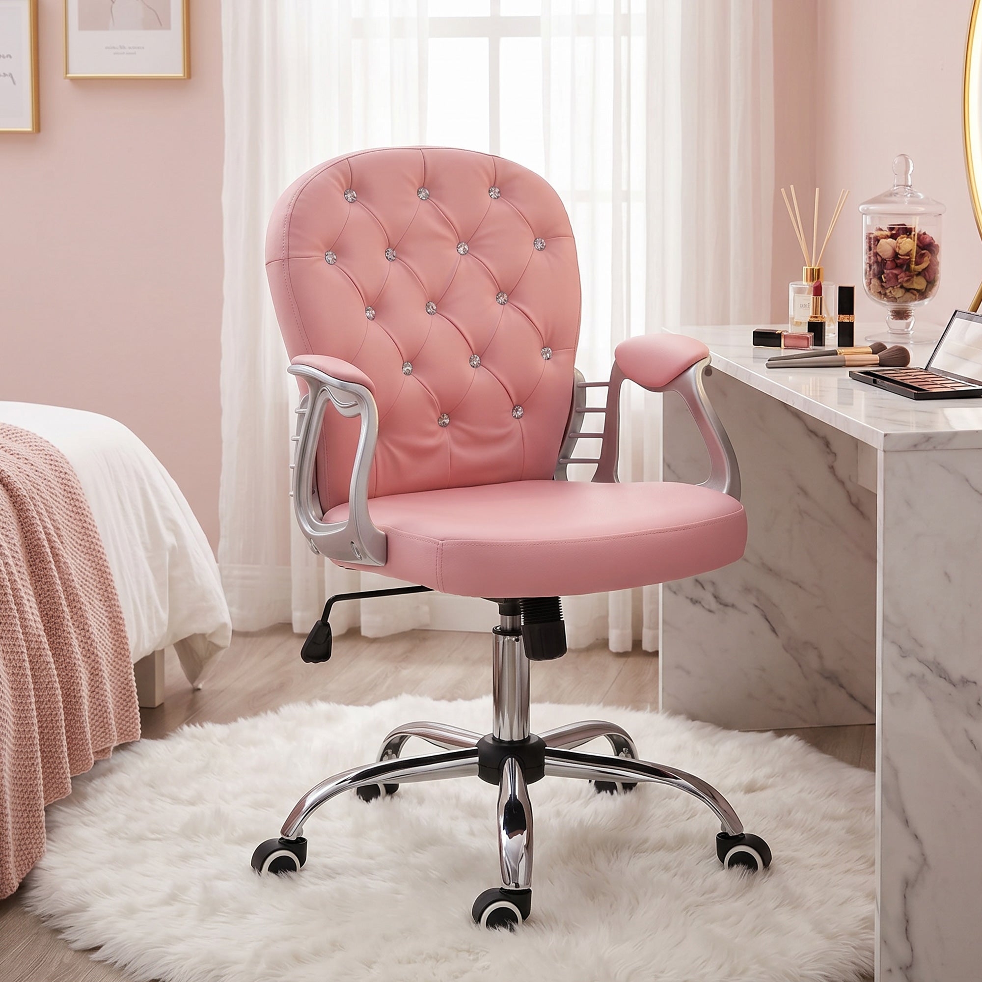 Button Tufted Desk Chair, Home Office Chair with Padded Armrests, Adjustable Height and Swivel Wheels, Black