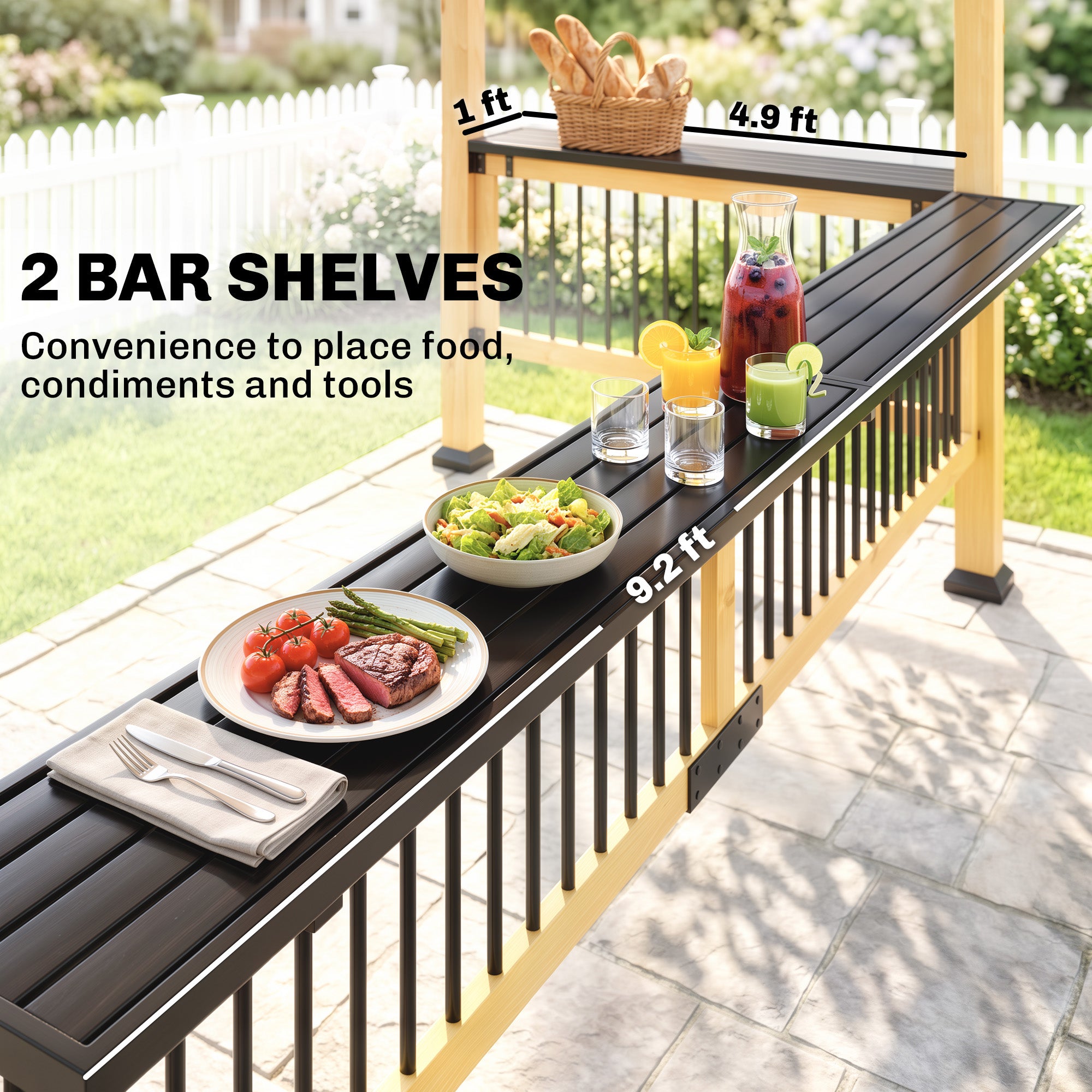 13' x 6' Wooden BBQ Grill Gazebo, Outdoor Hardtop Grill Gazebo with Metal Roof, 2 Bar Shelves and 6 Hooks, Natural