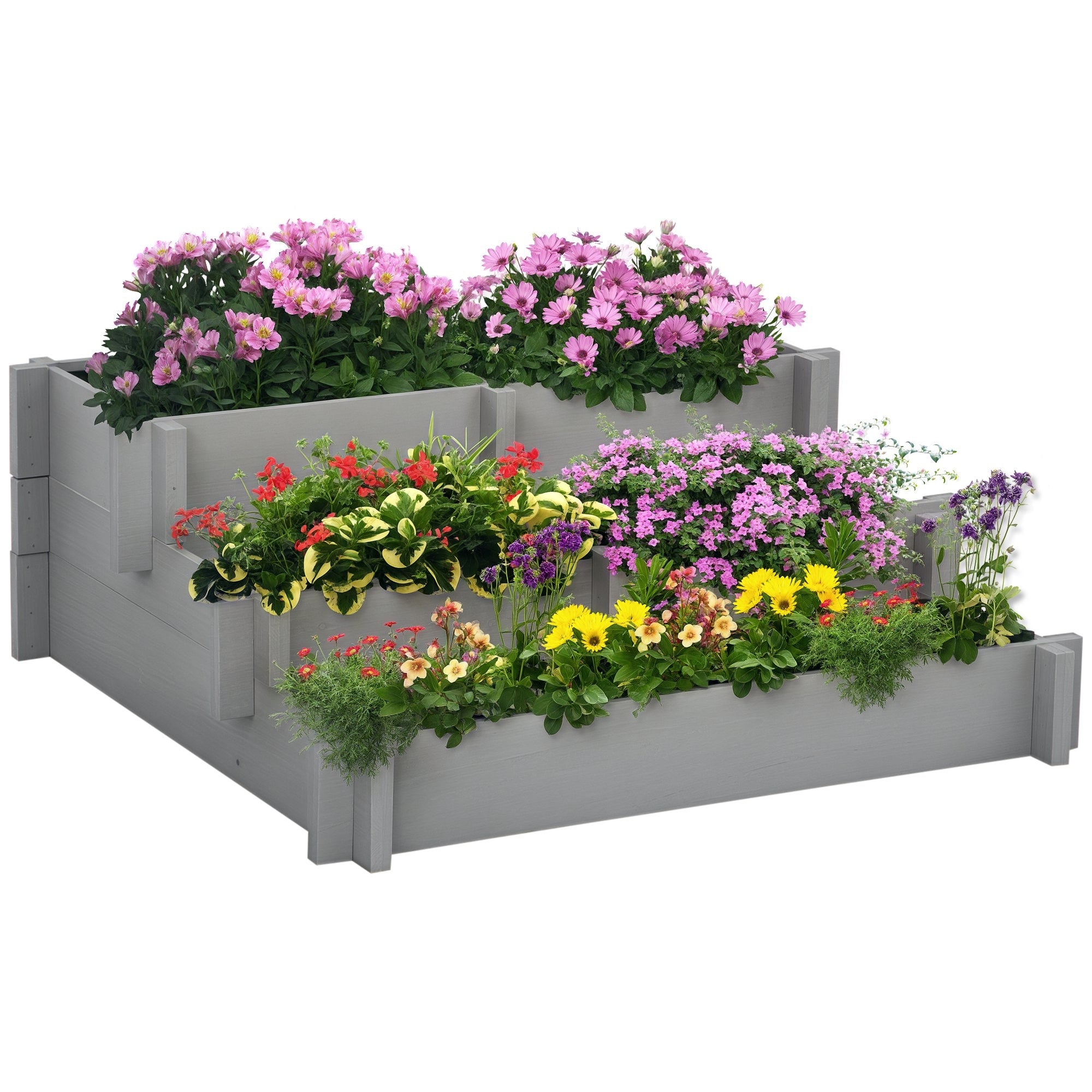 3 Tier Raised Garden Bed, Water Draining Fabric for Soil, Elevated Wood Flower Box for Vegetables, Herbs, Gray