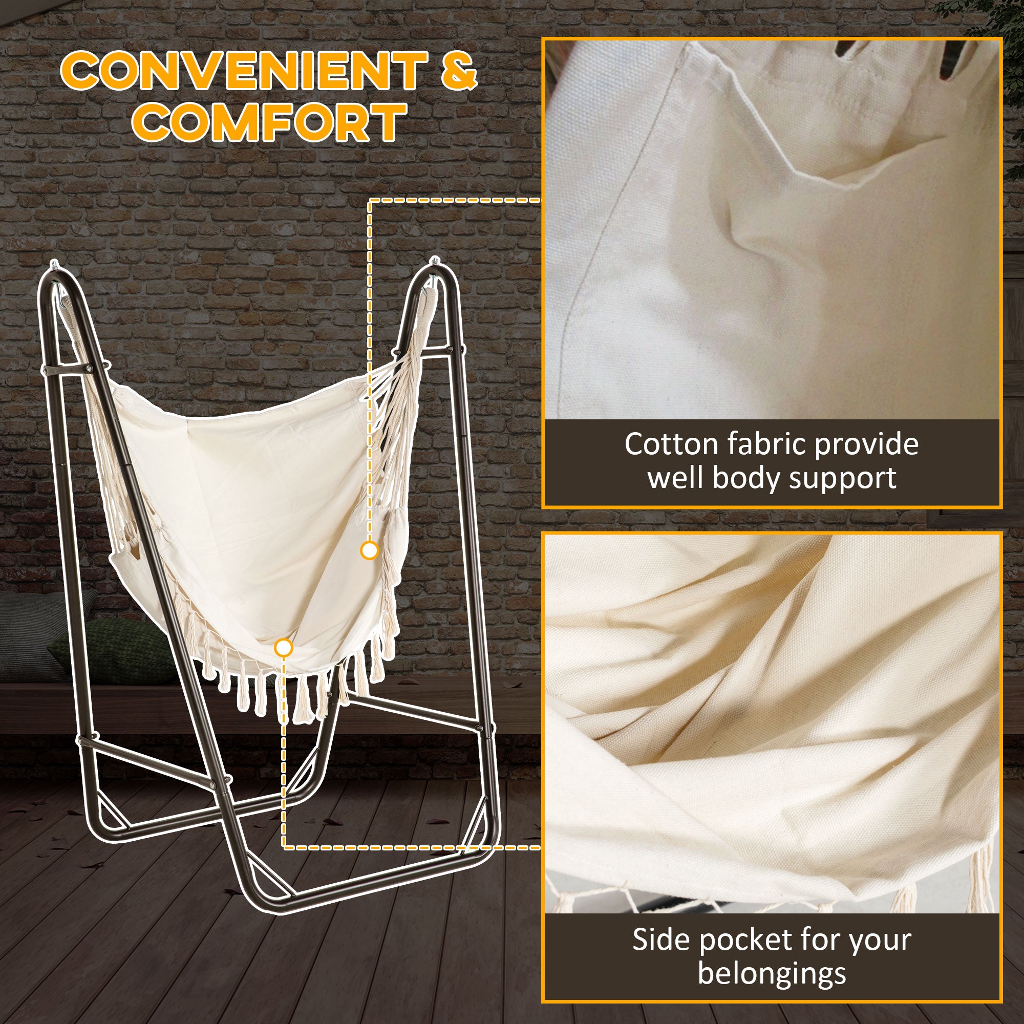 Hammock Chair with U Shape Stand, Hammock Swing Chair with A Side Pocket, Brown & Cream White