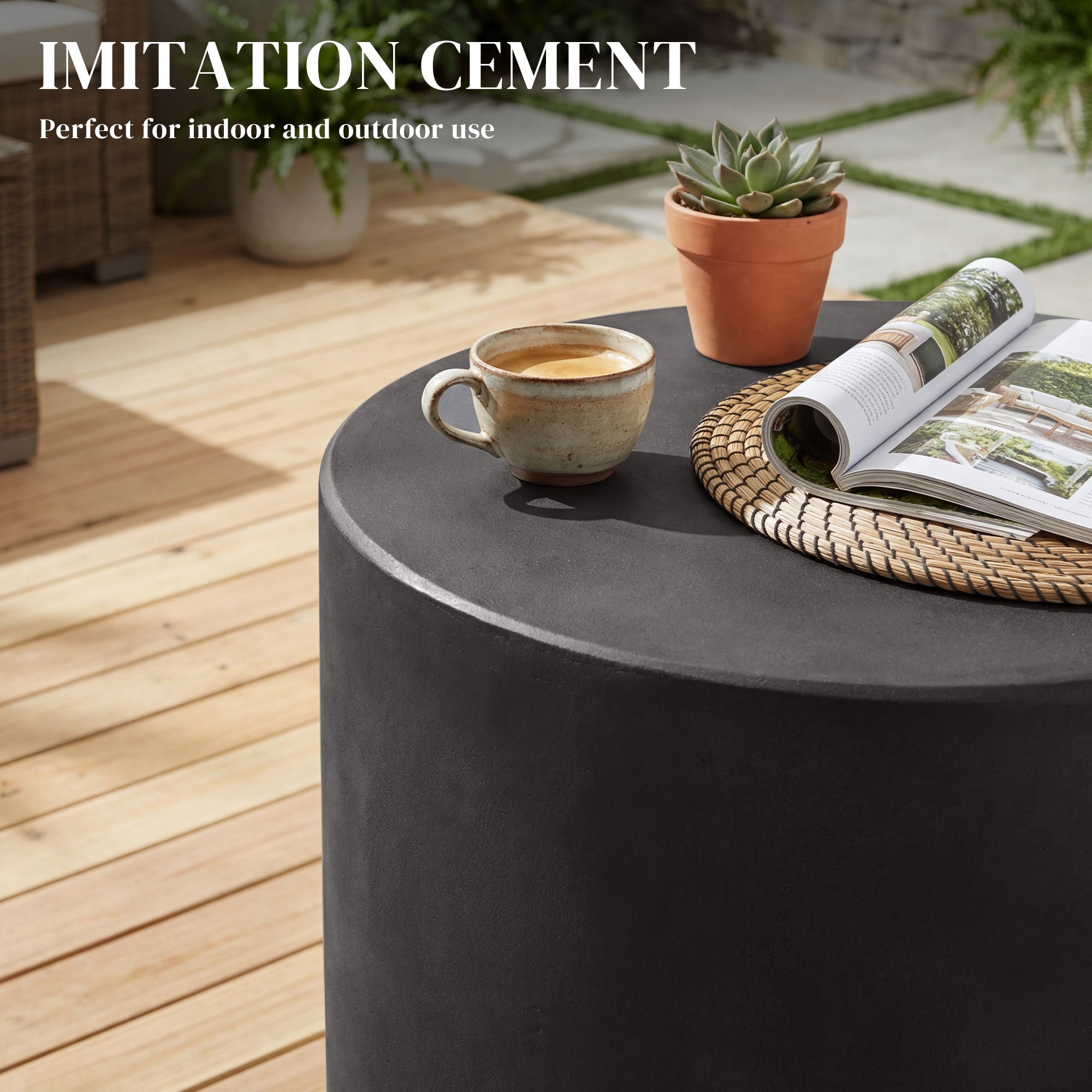 Lightweight Accent Table with Concrete Finish Round Side Table, Dark Gray